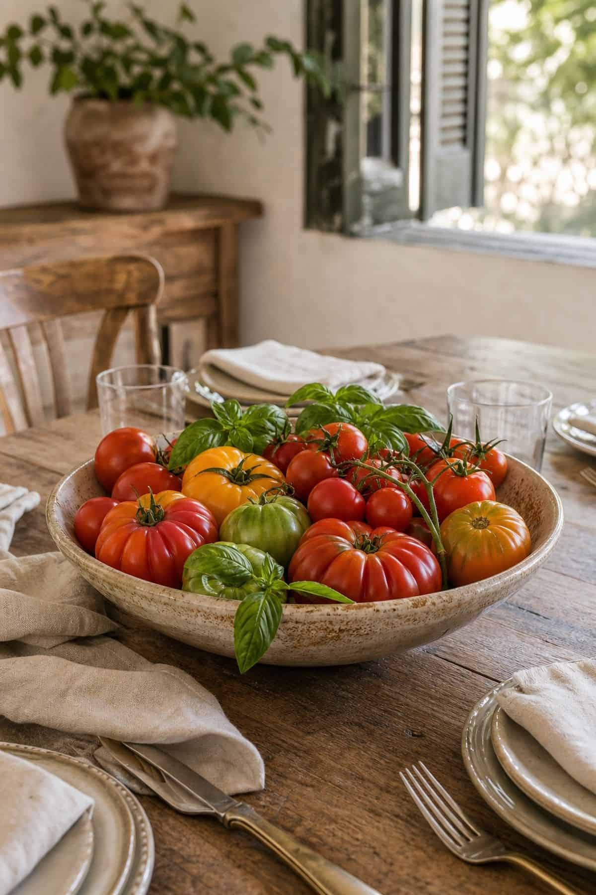 Tomatoes in a Bowl shown as a realistic Pretty Wild World image for 17 Summer Centerpiece Ideas for Fresh Relaxed Tables.