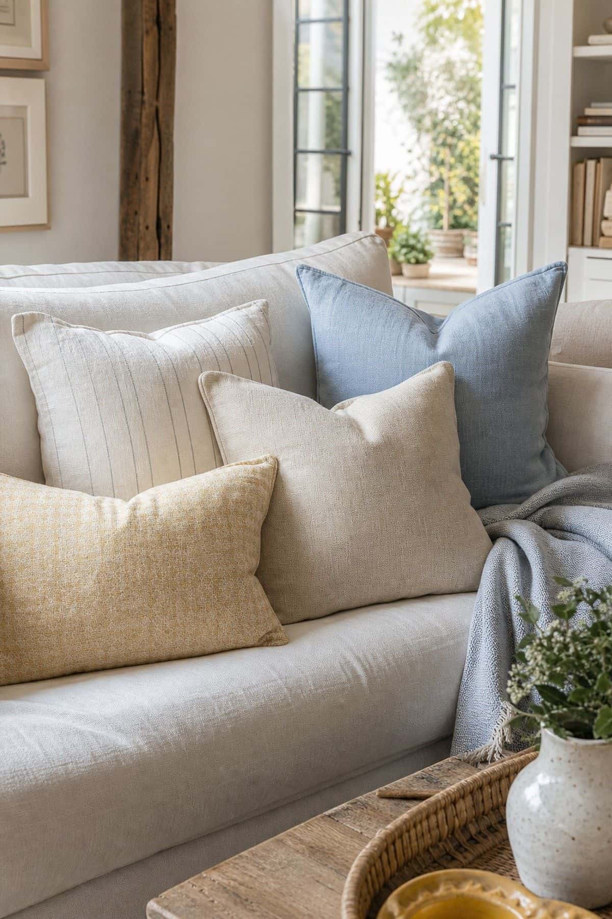 Linen Pillow Swap shown as a realistic Pretty Wild World image for 20 Summer Home Decor Ideas for a Light Breezy Refresh.