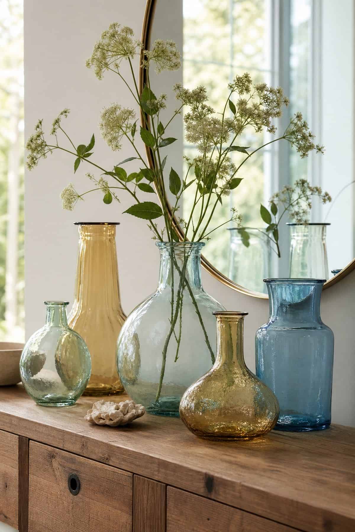 Colored Glass Vases shown as a realistic Pretty Wild World image for 20 Summer Home Decor Ideas for a Light Breezy Refresh.