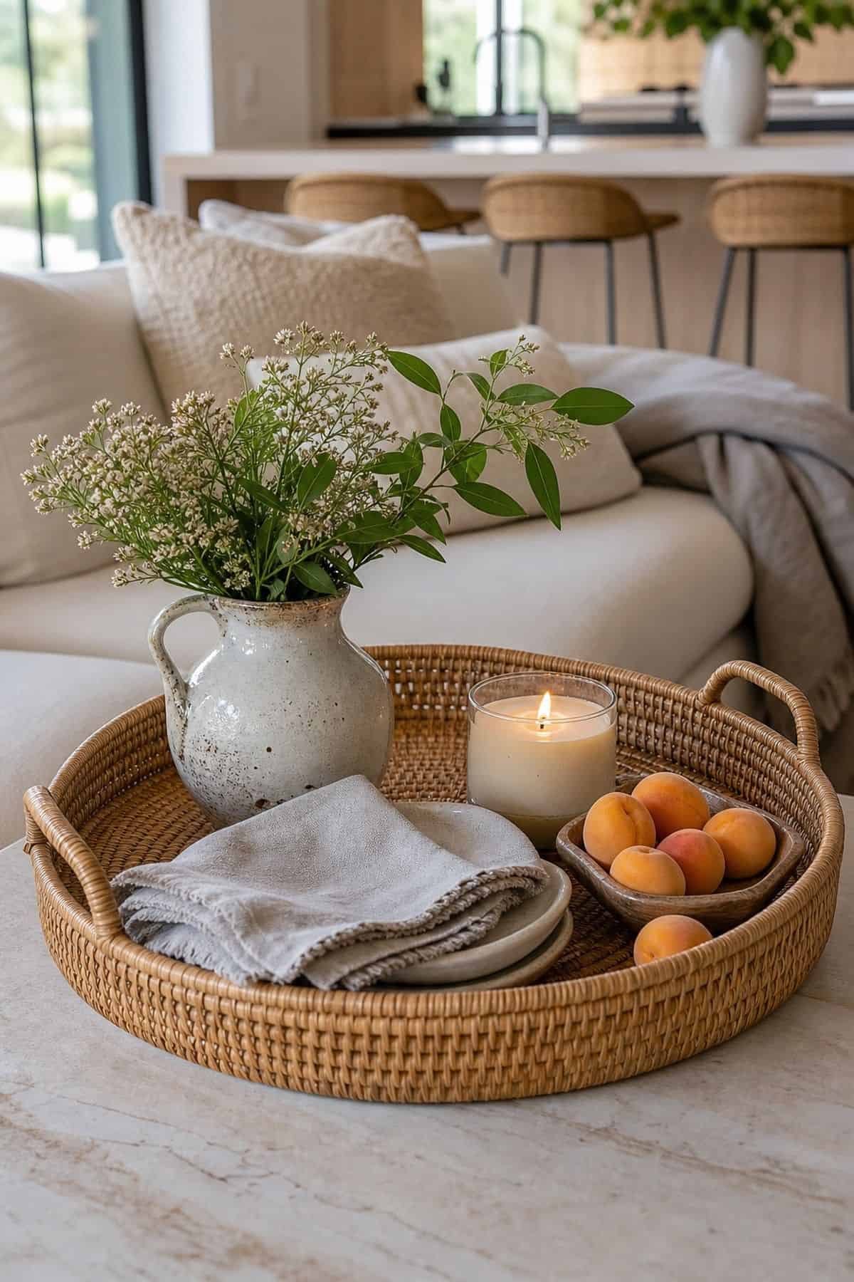 Rattan Tray on a Surface shown as a realistic Pretty Wild World image for 20 Summer Home Decor Ideas for a Light Breezy Refresh.