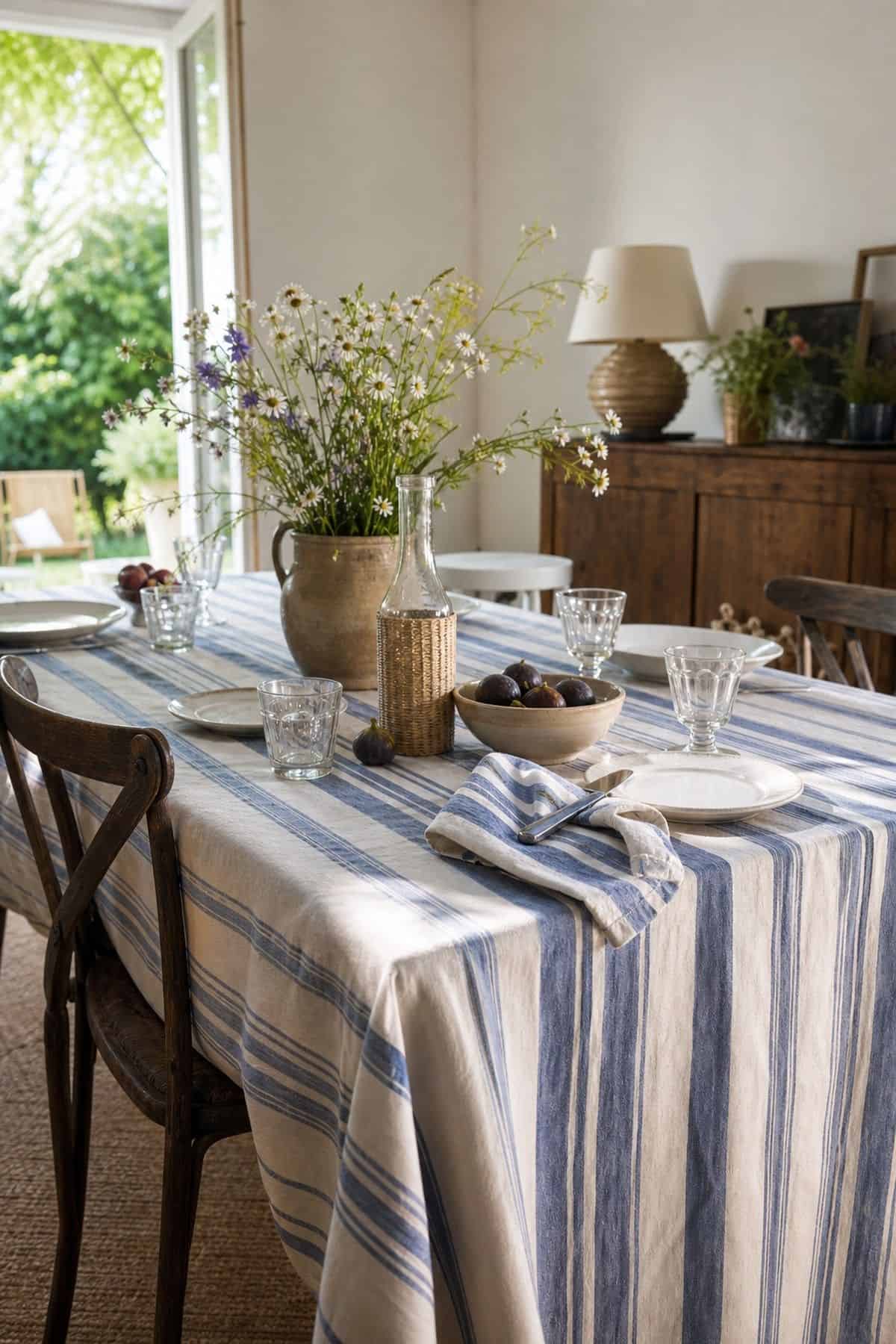 Striped Tablecloth shown as a realistic Pretty Wild World image for 20 Summer Home Decor Ideas for a Light Breezy Refresh.