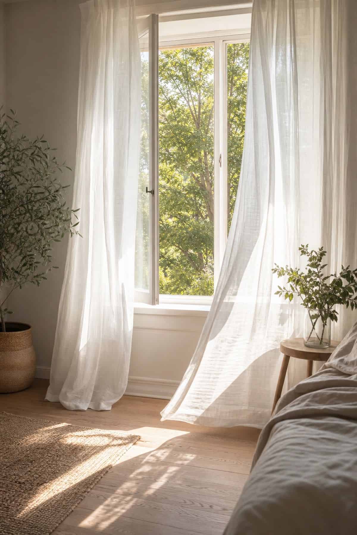Open Window Curtains shown as a realistic Pretty Wild World image for 20 Summer Home Decor Ideas for a Light Breezy Refresh.