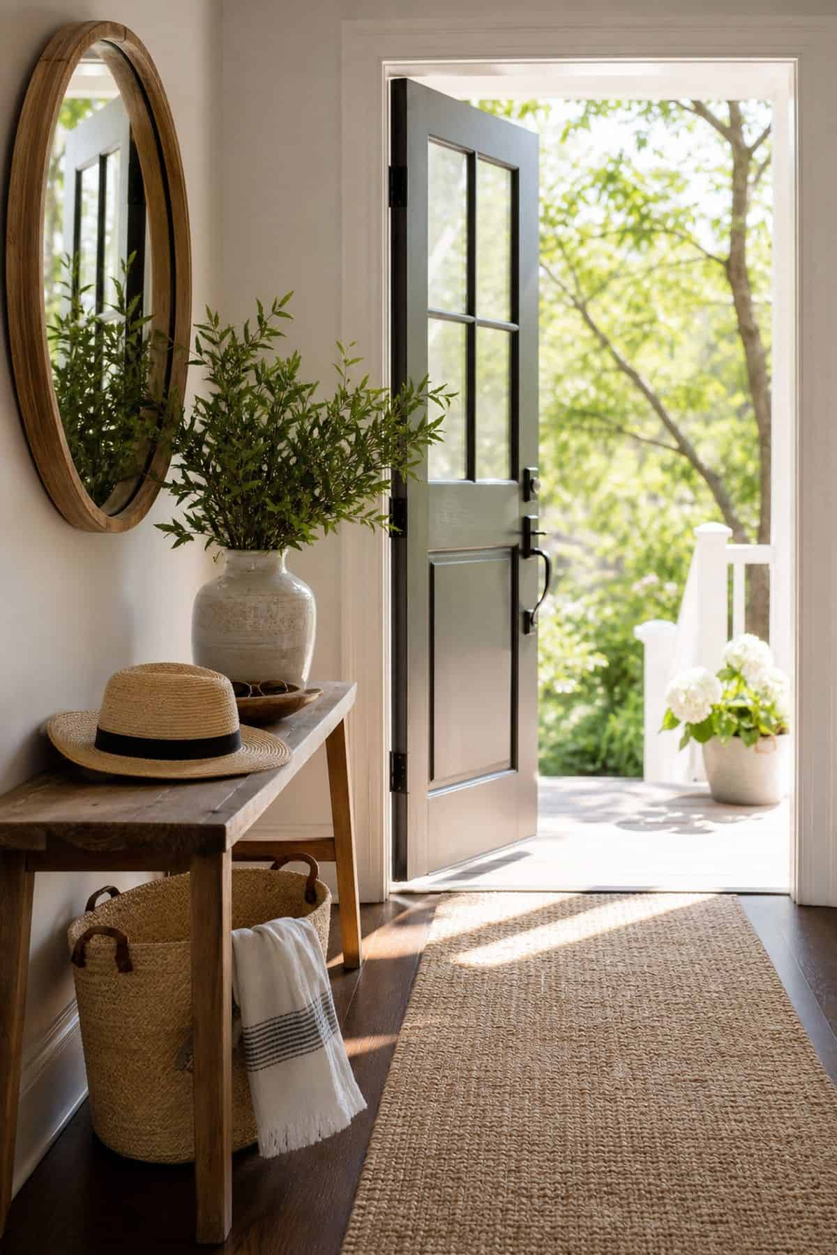 Summer Entry Moment shown as a realistic Pretty Wild World image for 20 Summer Home Decor Ideas for a Light Breezy Refresh.
