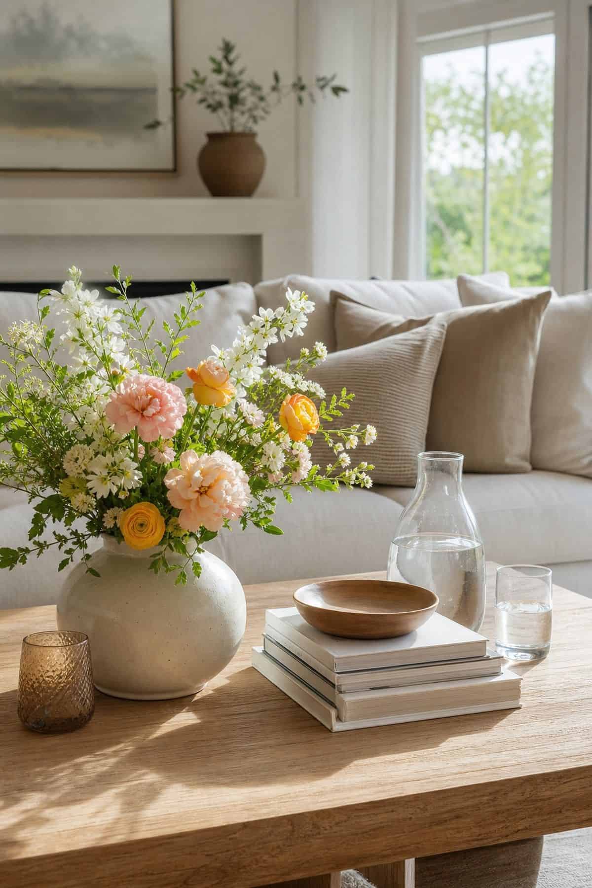 Coffee Table With Flowers shown as a realistic Pretty Wild World image for 20 Summer Home Decor Ideas for a Light Breezy Refresh.
