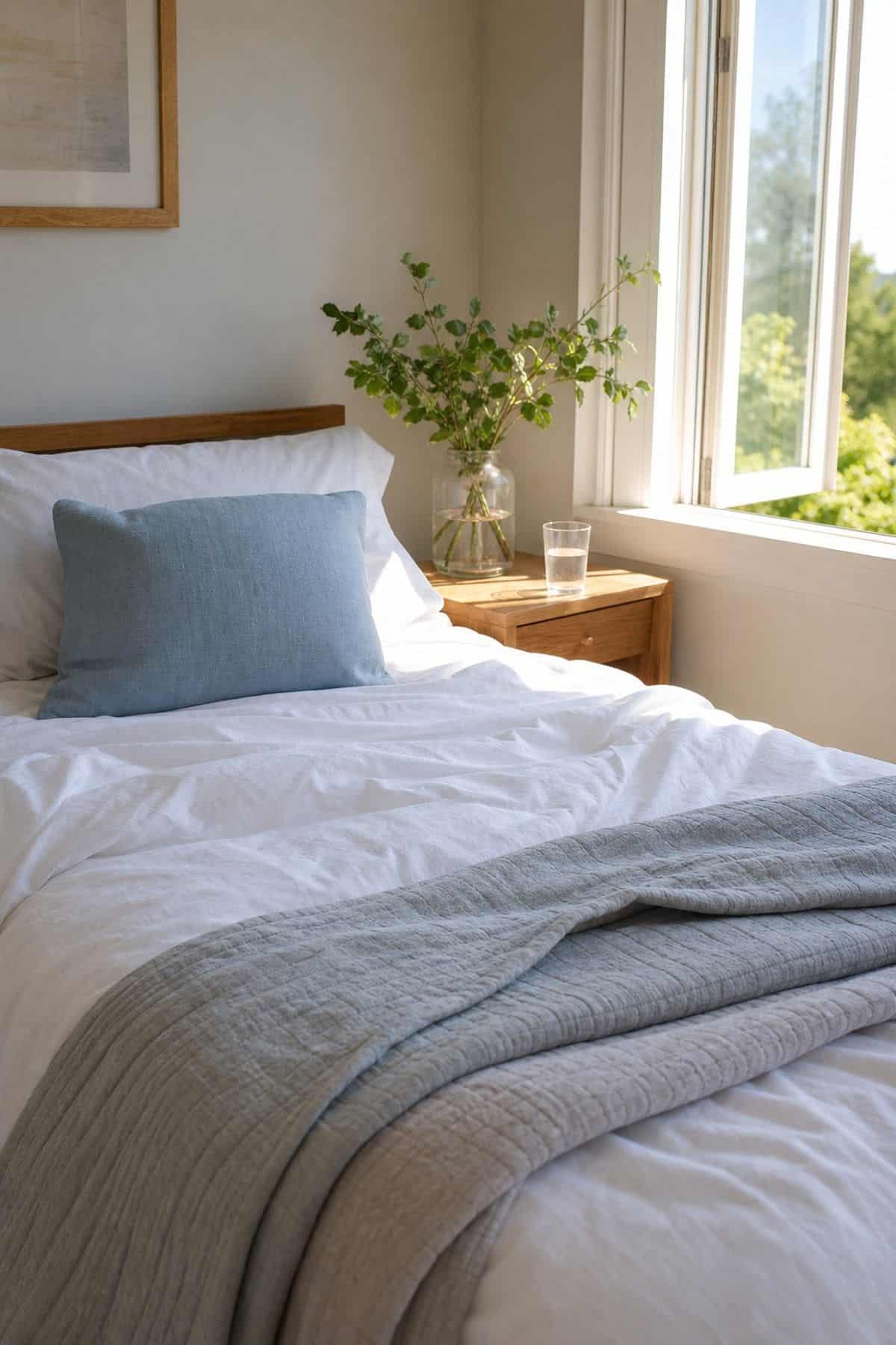 Bedroom Cooling Layers shown as a realistic Pretty Wild World image for 20 Summer Home Decor Ideas for a Light Breezy Refresh.
