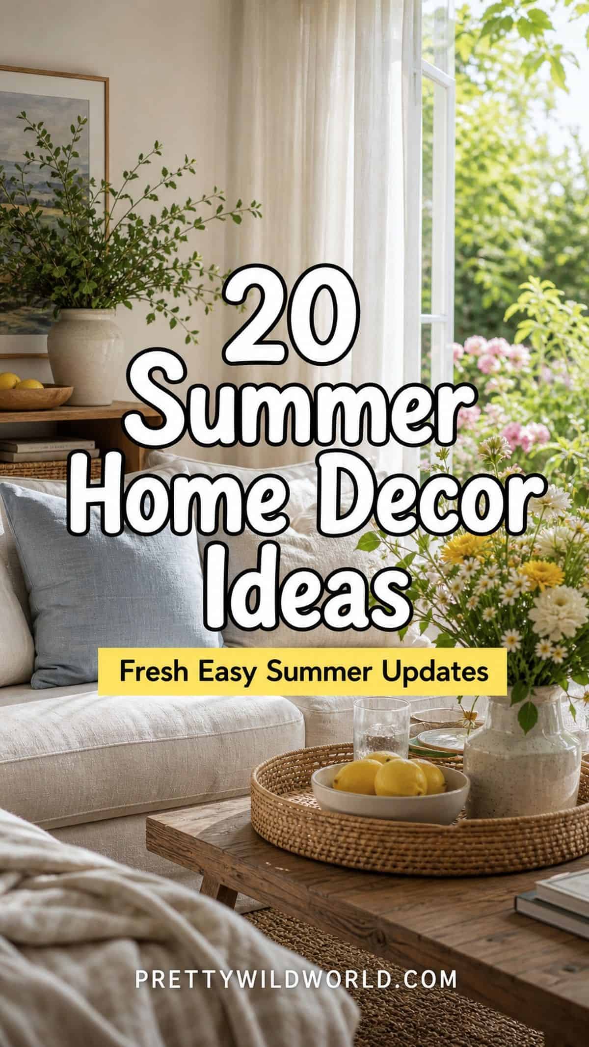 Pinterest pin for 20 Summer Home Decor Ideas for a Light Breezy Refresh from Pretty Wild World.