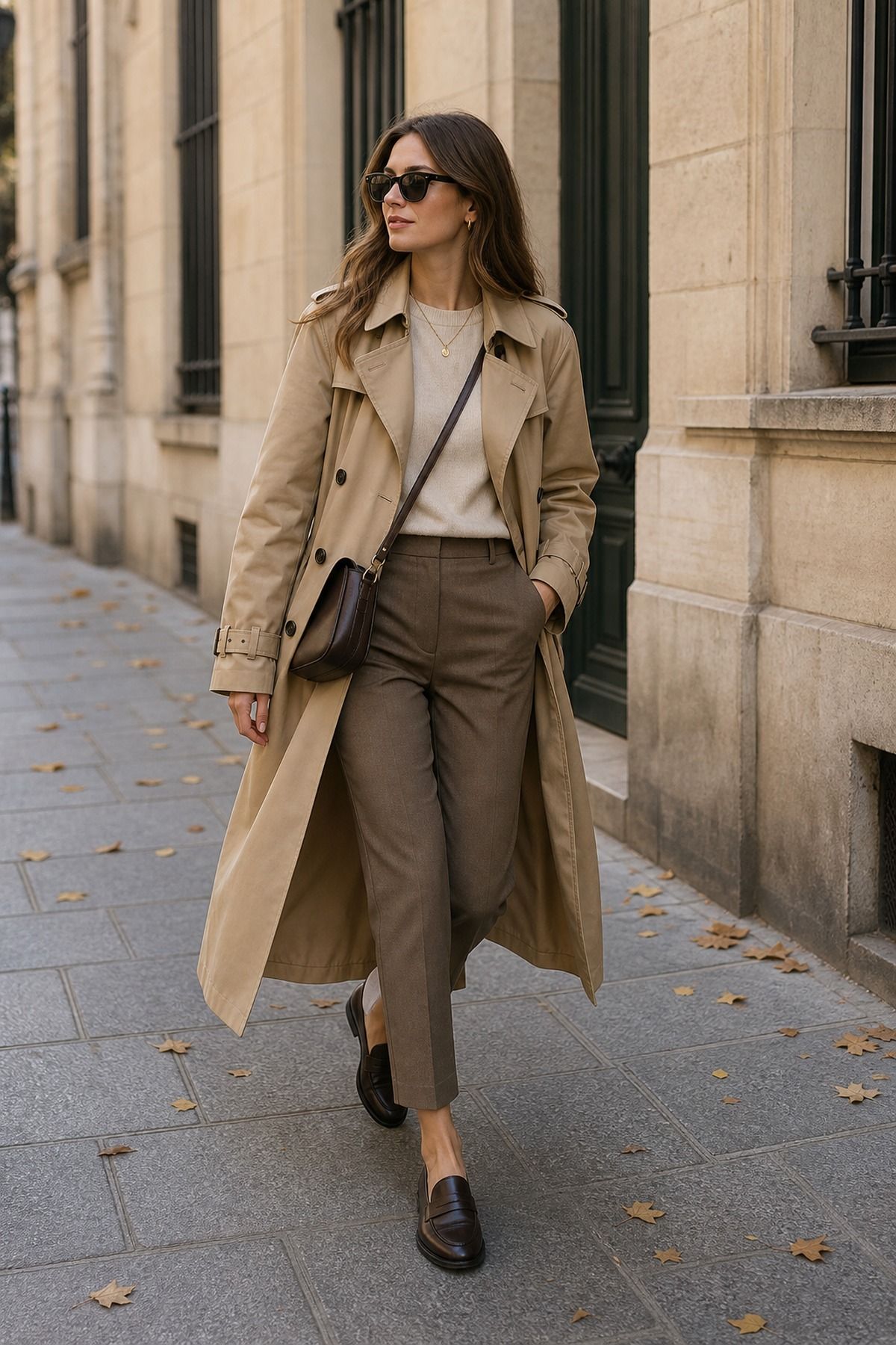 Trench Coat with Loafers shown as a realistic Pretty Wild World image for 21 Europe Fall Outfits for Women for Trench Coats, Loafers, and Layered Days.