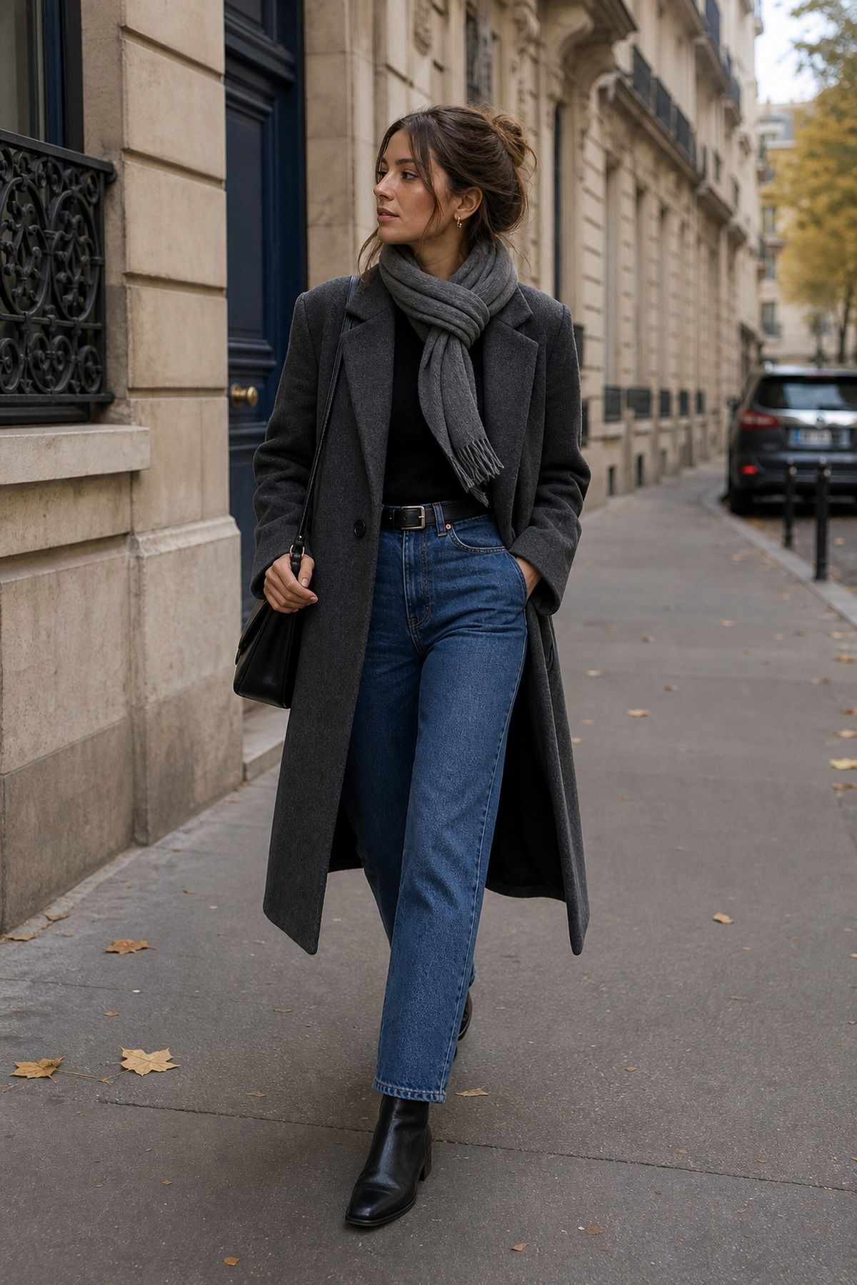Wool Coat with Straight Jeans shown as a realistic Pretty Wild World image for 21 Europe Fall Outfits for Women for Trench Coats, Loafers, and Layered Days.