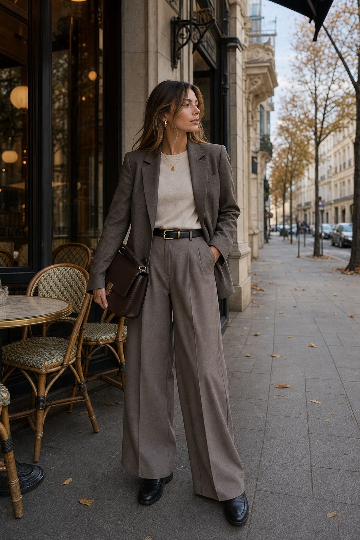 Blazer with Wide Leg Trousers shown as a realistic Pretty Wild World image for 21 Europe Fall Outfits for Women for Trench Coats, Loafers, and Layered Days.