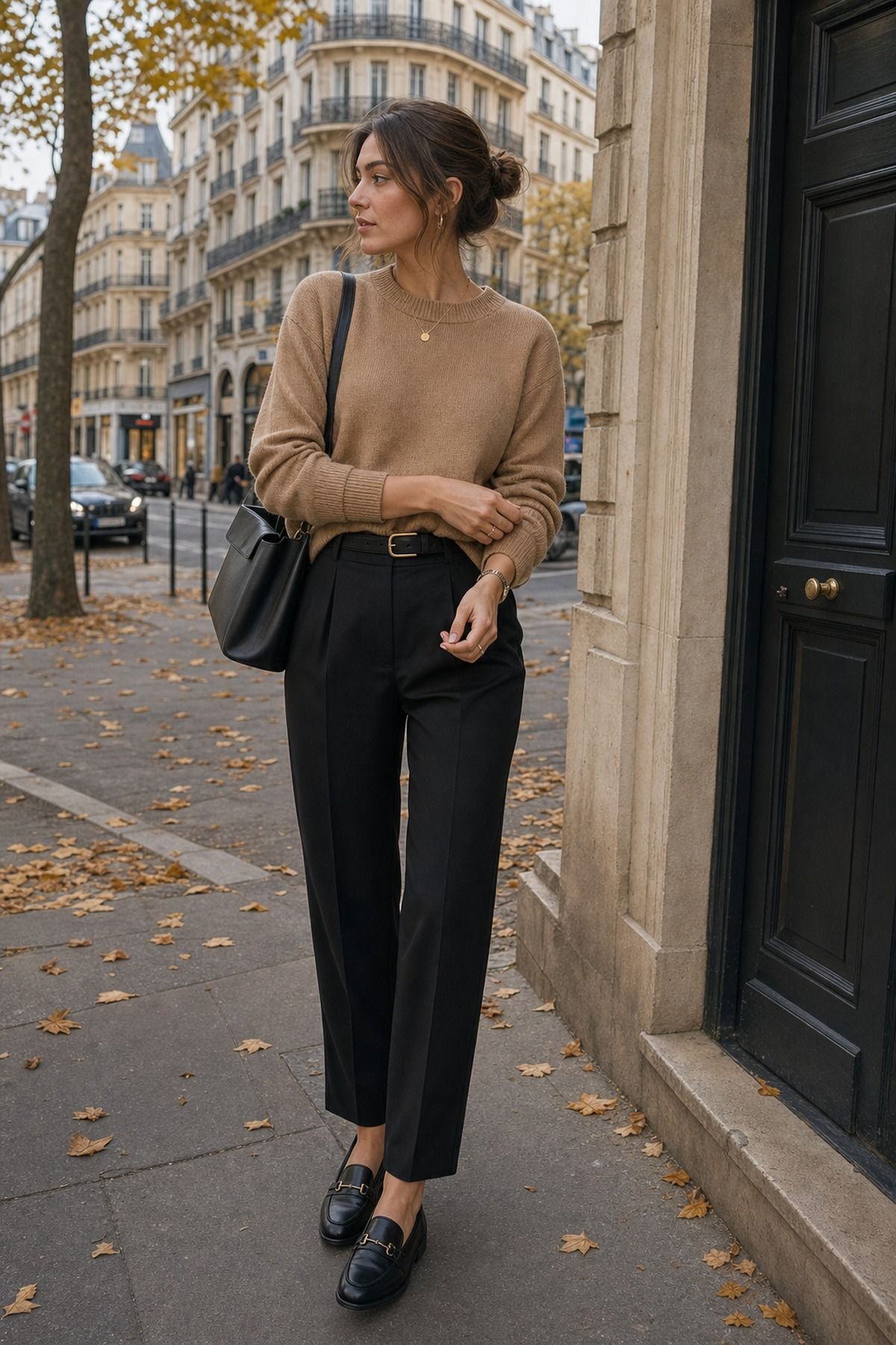 Camel Knit with Black Trousers shown as a realistic Pretty Wild World image for 21 Europe Fall Outfits for Women for Trench Coats, Loafers, and Layered Days.