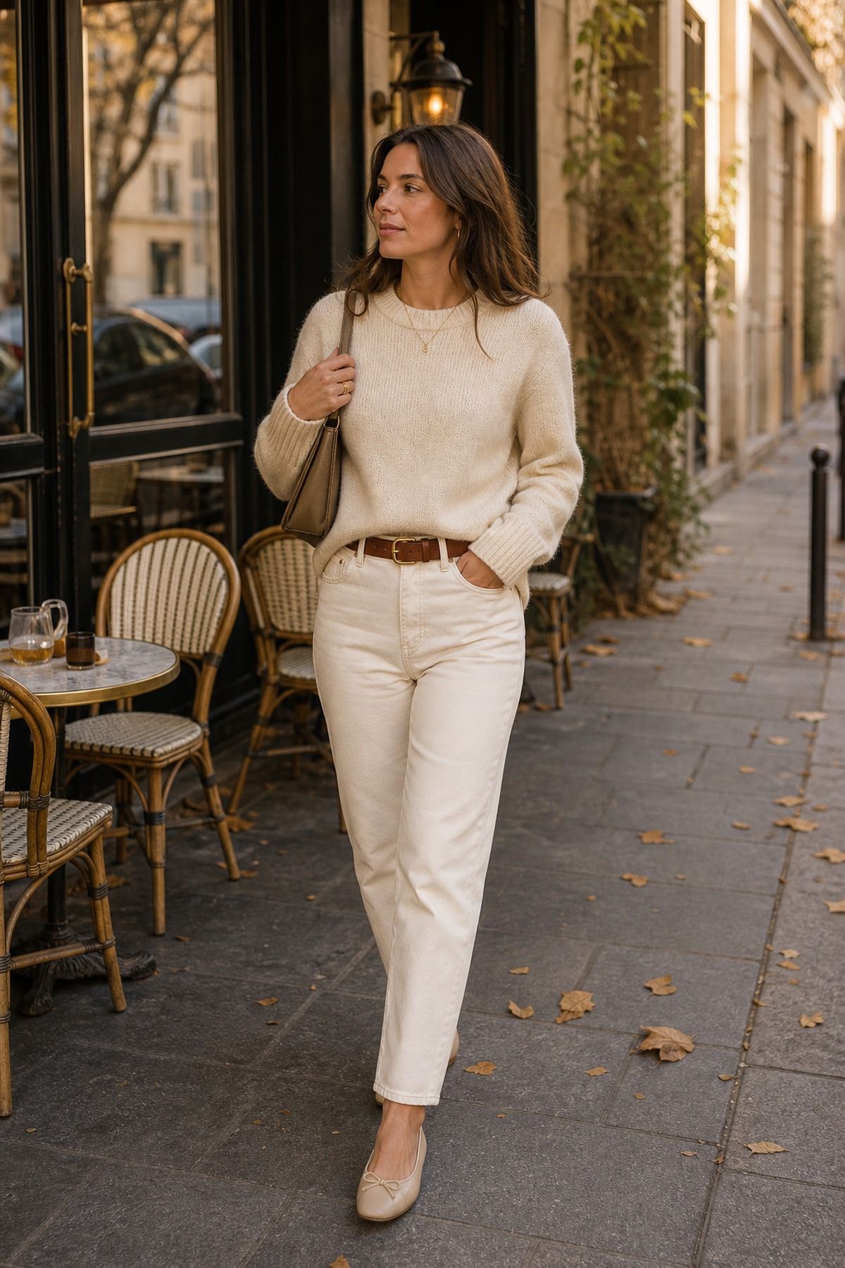 Cream Sweater with Ecru Jeans shown as a realistic Pretty Wild World image for 21 Europe Fall Outfits for Women for Trench Coats, Loafers, and Layered Days.
