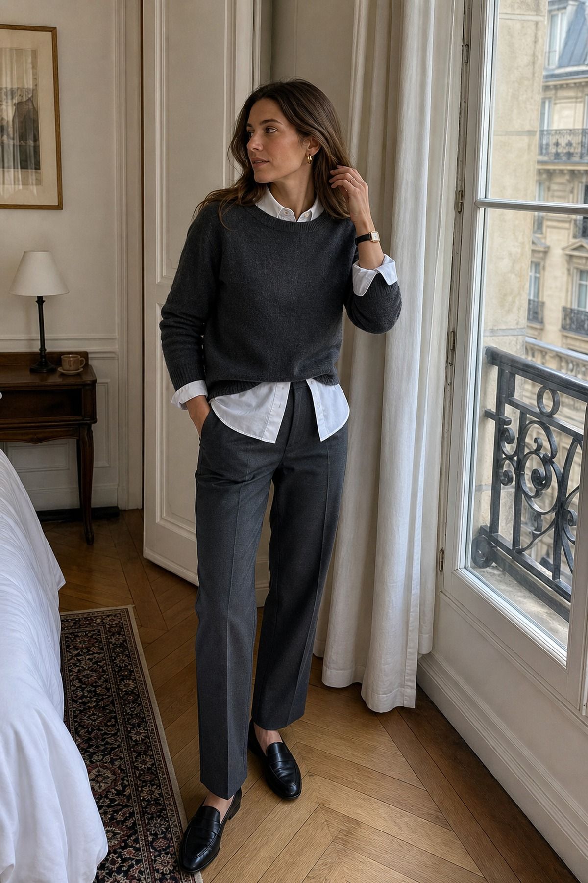 White Shirt under a Crewneck shown as a realistic Pretty Wild World image for 21 Europe Fall Outfits for Women for Trench Coats, Loafers, and Layered Days.