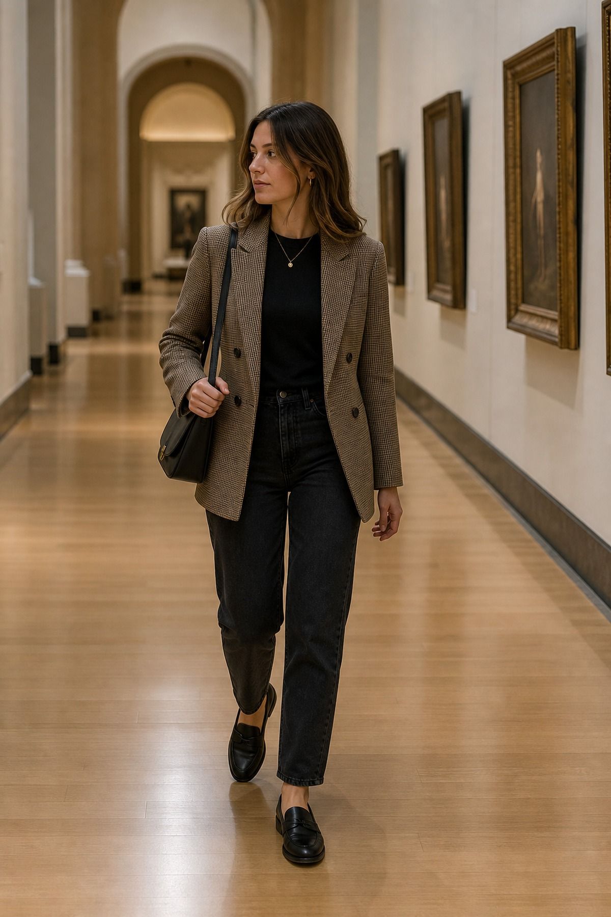 Museum Day Blazer Outfit shown as a realistic Pretty Wild World image for 21 Europe Fall Outfits for Women for Trench Coats, Loafers, and Layered Days.