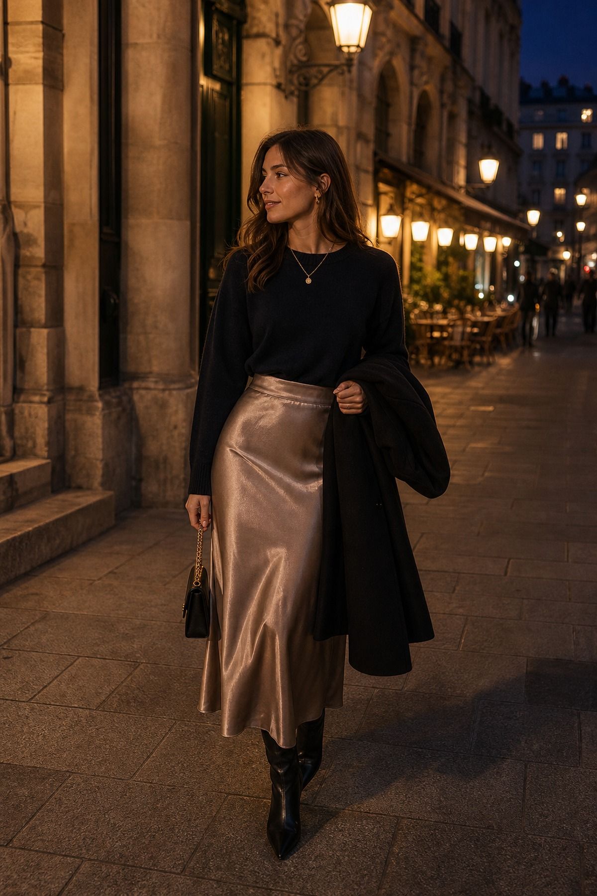 Dinner Look with a Satin Skirt shown as a realistic Pretty Wild World image for 21 Europe Fall Outfits for Women for Trench Coats, Loafers, and Layered Days.
