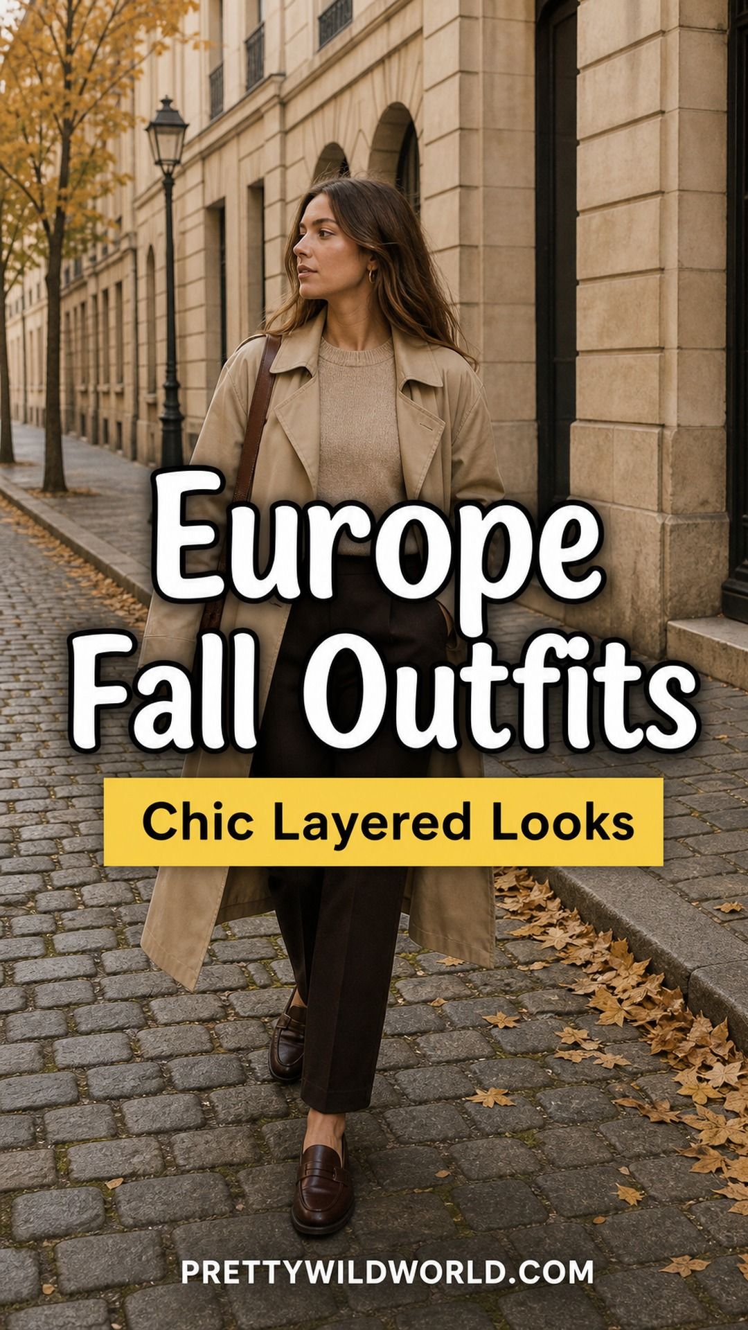 Pinterest pin for 21 Europe Fall Outfits for Women for Trench Coats, Loafers, and Layered Days from Pretty Wild World.