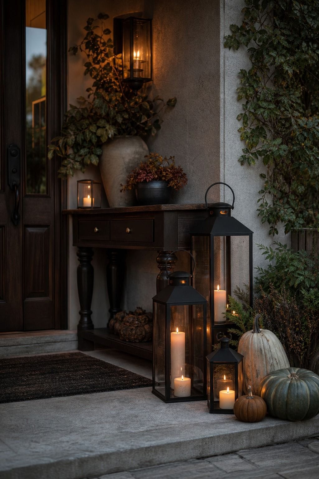 Lanterns at the Entry shown as a realistic Pretty Wild World image for 20 Halloween Decor Ideas for a Spooky Stylish Home.