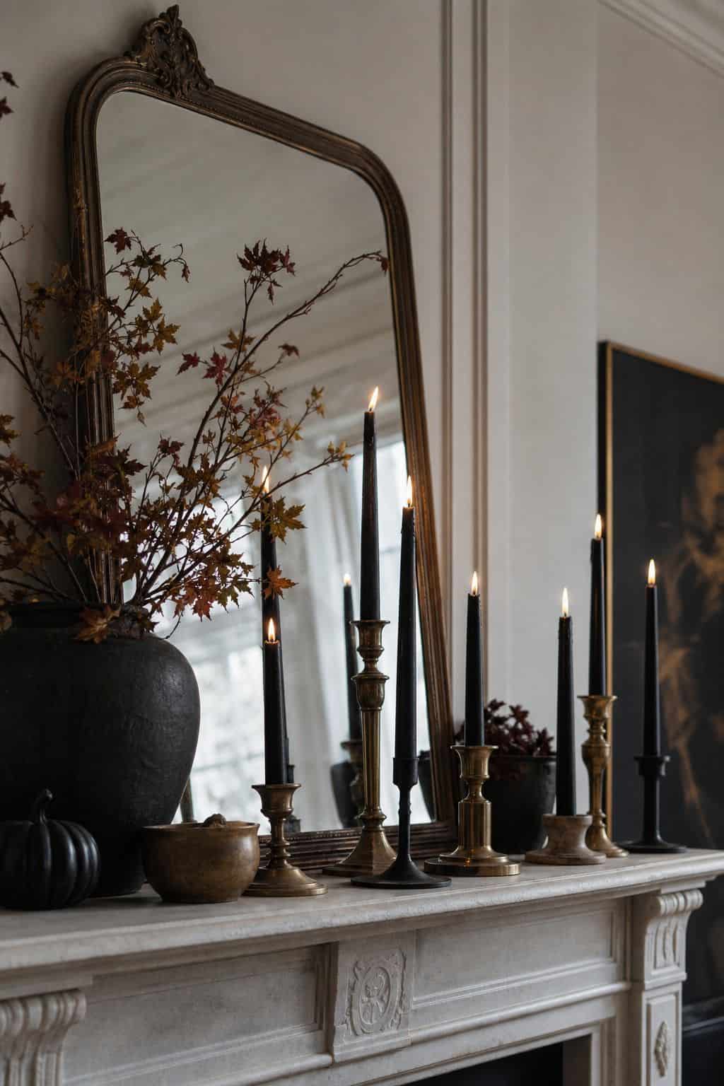 Black Candles on the Mantel shown as a realistic Pretty Wild World image for 20 Halloween Decor Ideas for a Spooky Stylish Home.