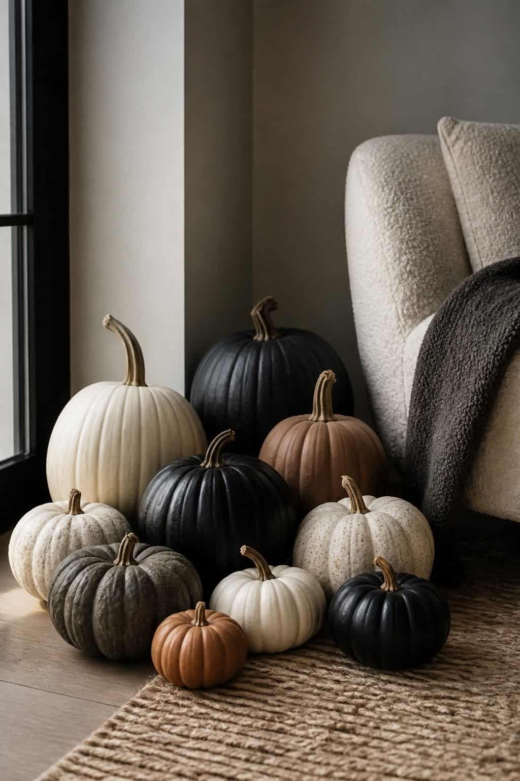 Matte Pumpkins in a Group shown as a realistic Pretty Wild World image for 20 Halloween Decor Ideas for a Spooky Stylish Home.