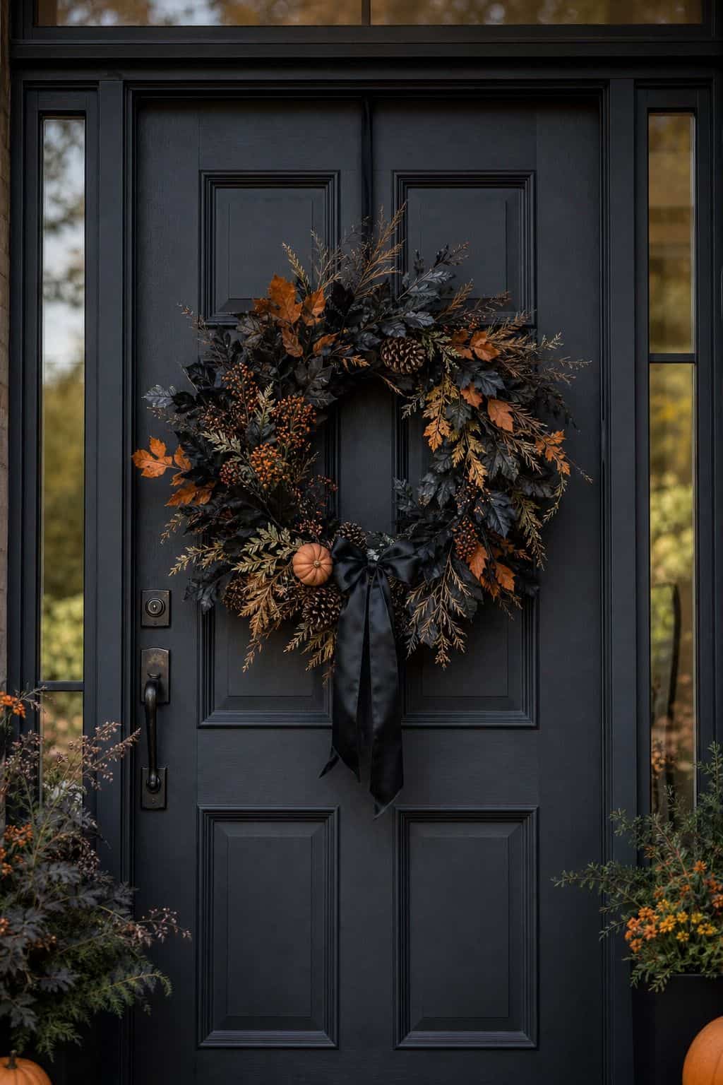 Front Door Halloween Wreath shown as a realistic Pretty Wild World image for 20 Halloween Decor Ideas for a Spooky Stylish Home.