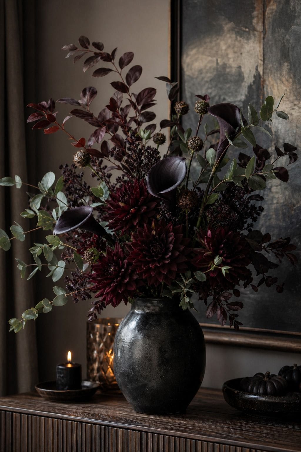 Dark Flowers in One Vase shown as a realistic Pretty Wild World image for 20 Halloween Decor Ideas for a Spooky Stylish Home.