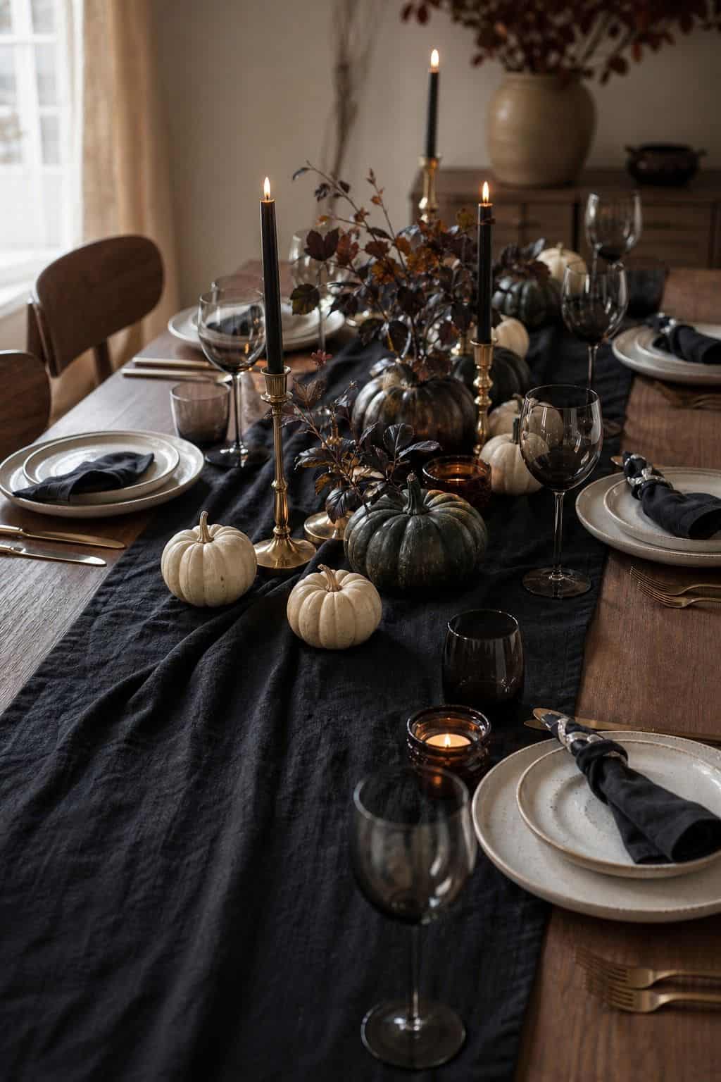 Black Table Runner shown as a realistic Pretty Wild World image for 20 Halloween Decor Ideas for a Spooky Stylish Home.