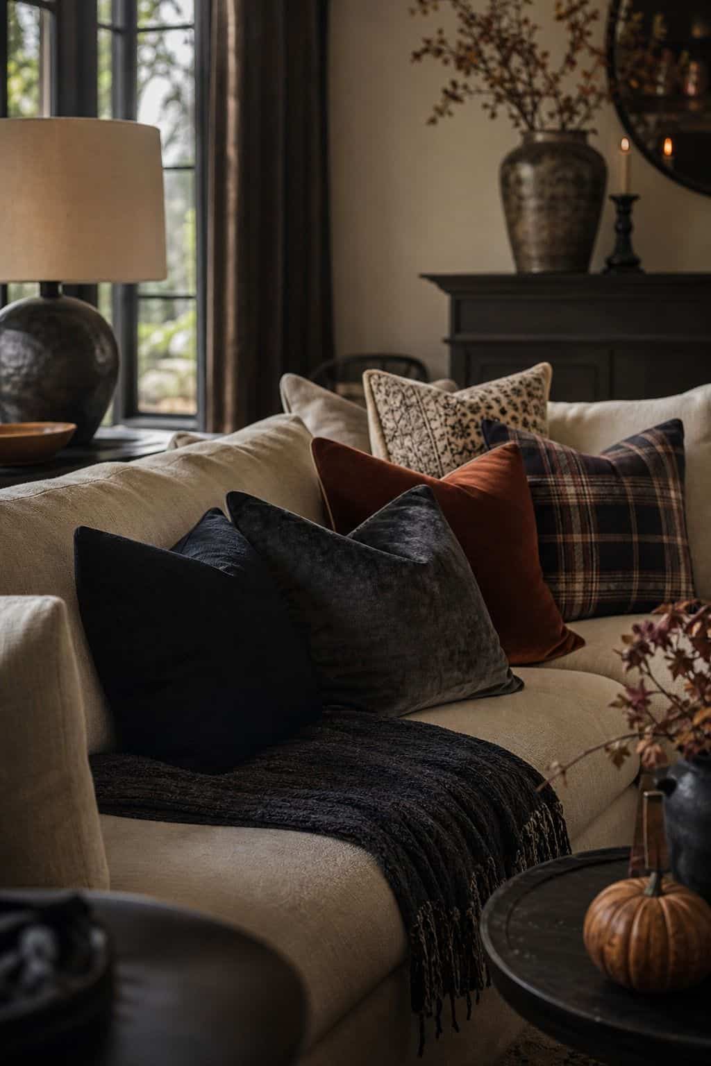 Living Room Pillow Swap shown as a realistic Pretty Wild World image for 20 Halloween Decor Ideas for a Spooky Stylish Home.