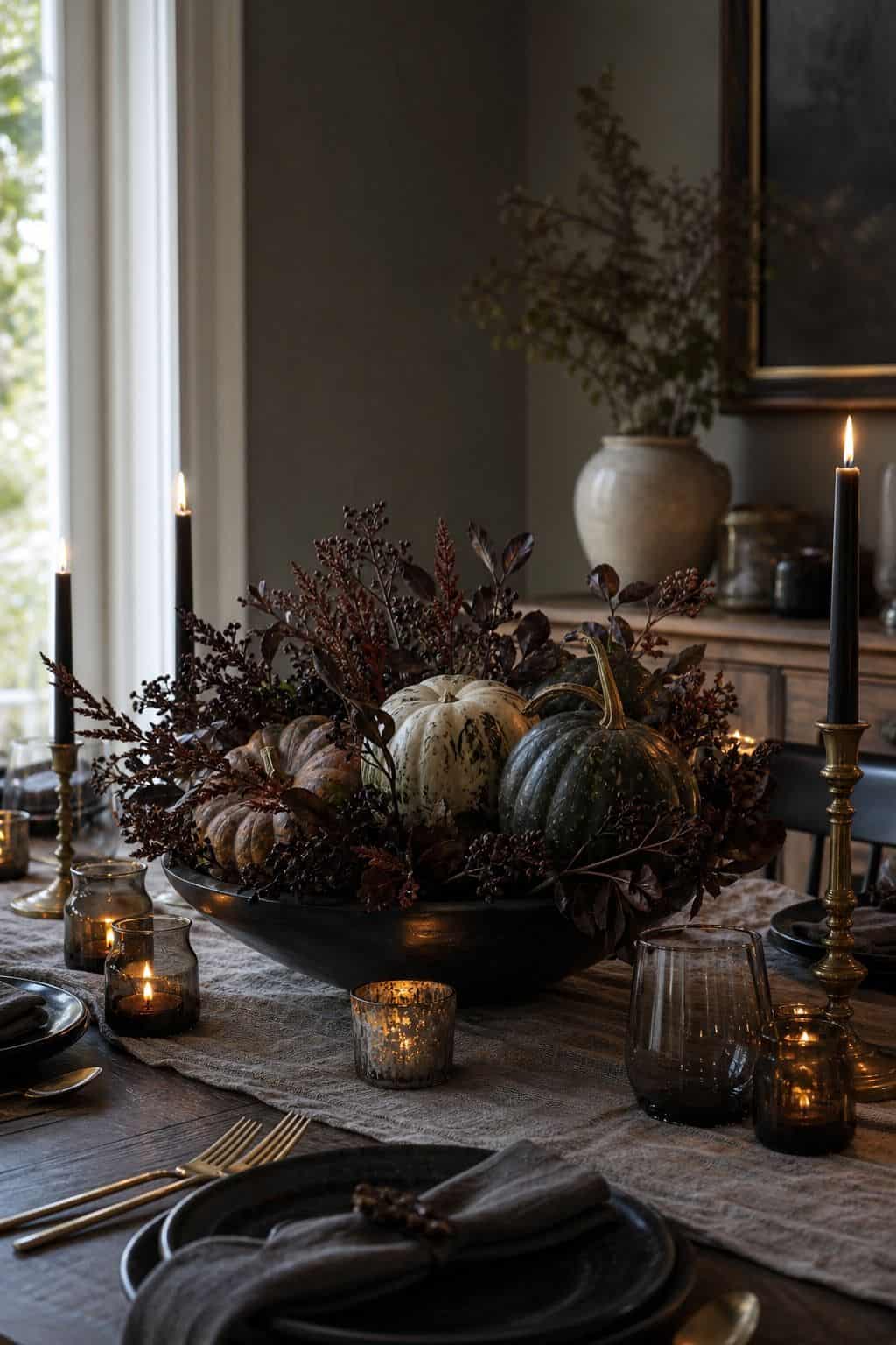 Dining Table Centerpiece shown as a realistic Pretty Wild World image for 20 Halloween Decor Ideas for a Spooky Stylish Home.
