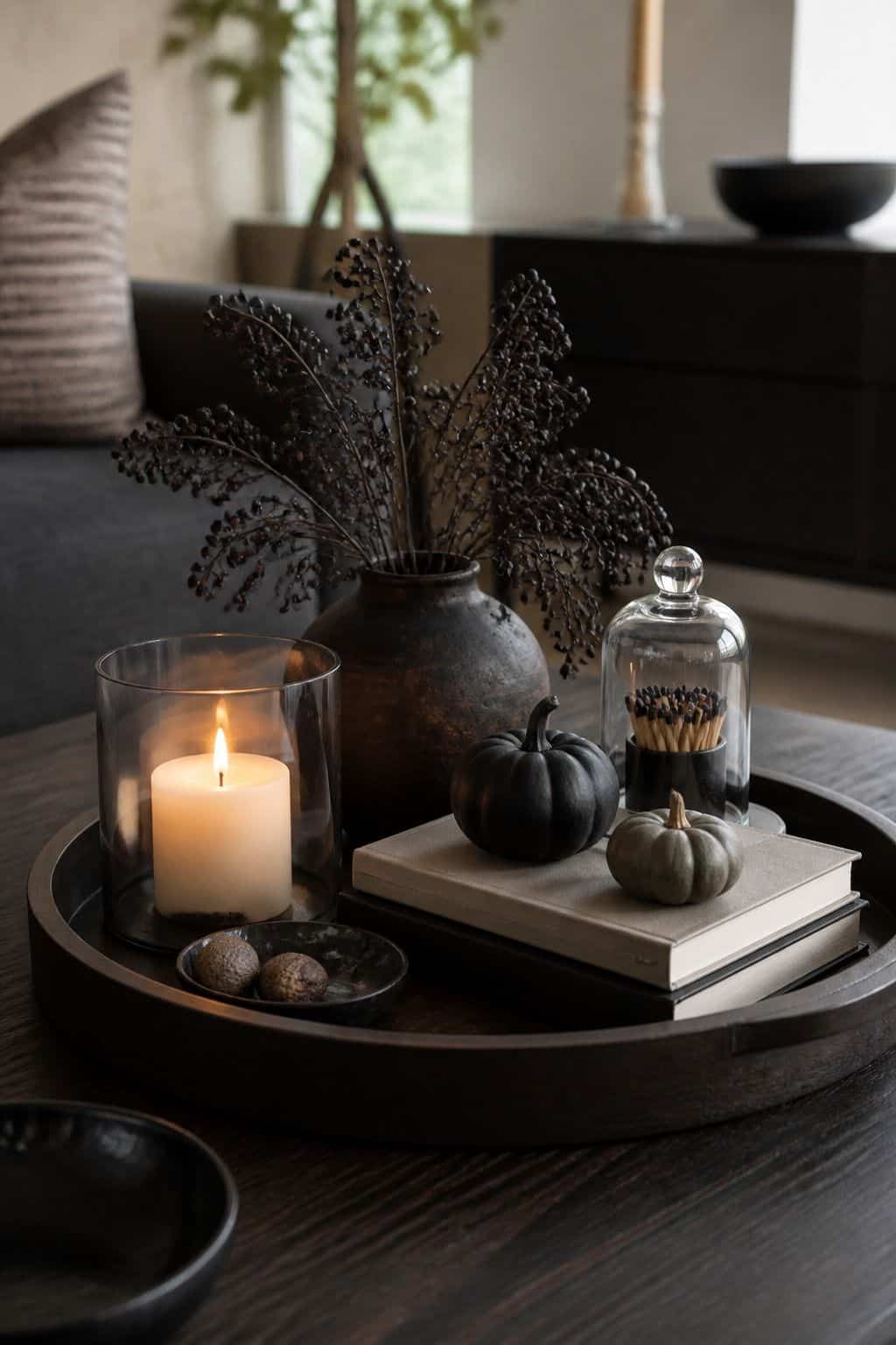 Coffee Table Tray shown as a realistic Pretty Wild World image for 20 Halloween Decor Ideas for a Spooky Stylish Home.