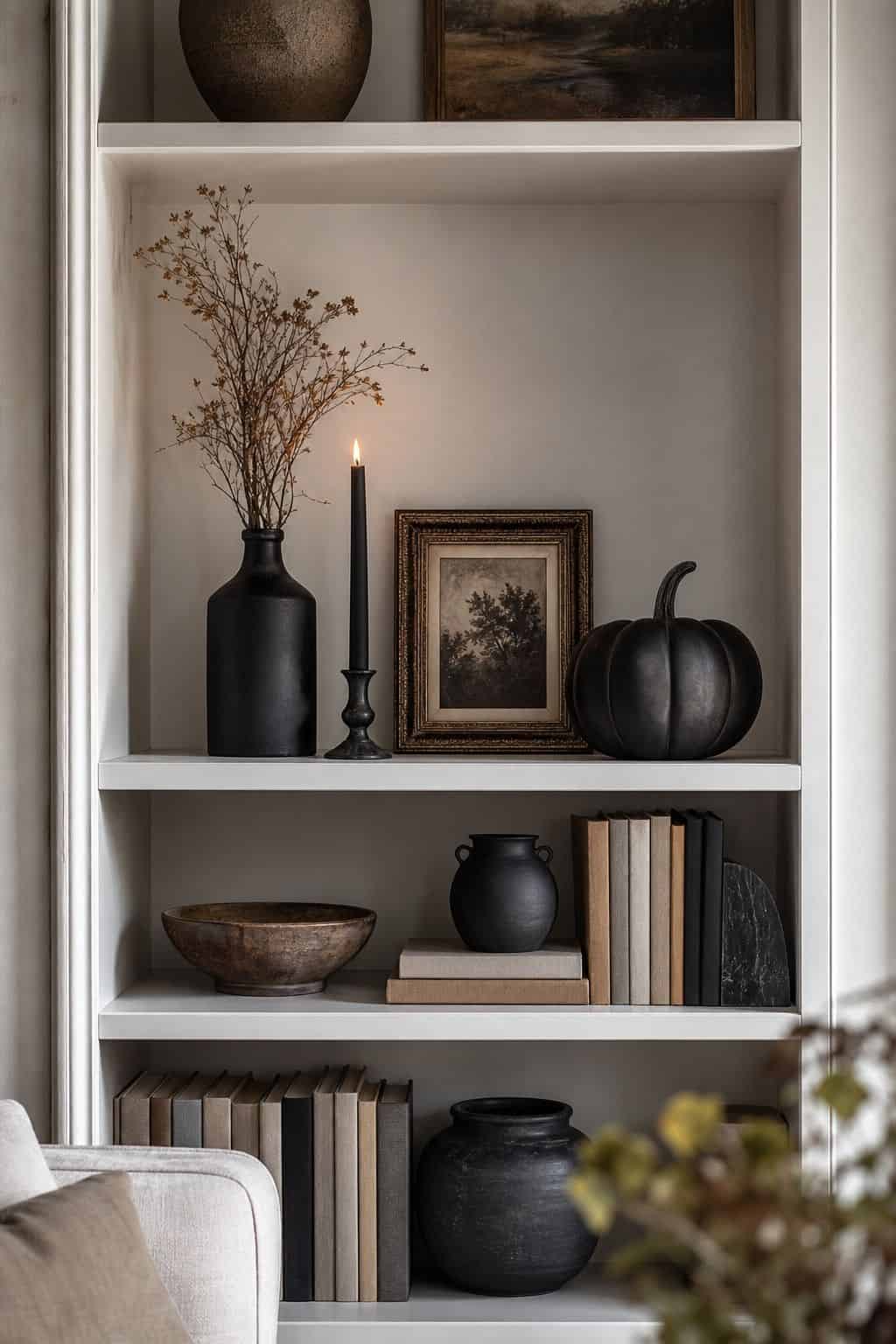 Shelf With One Spooky Layer shown as a realistic Pretty Wild World image for 20 Halloween Decor Ideas for a Spooky Stylish Home.
