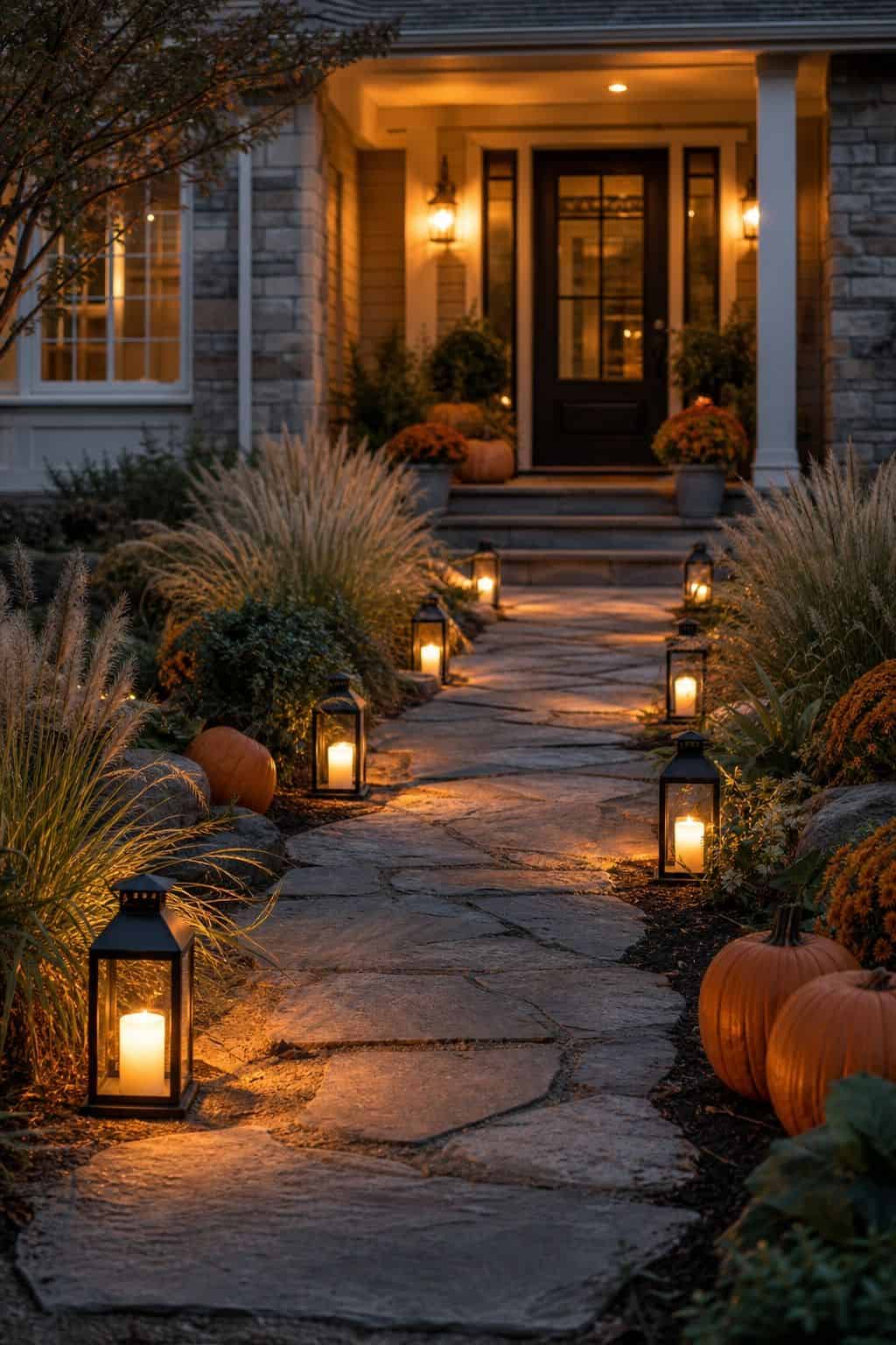 Porch Path Lighting shown as a realistic Pretty Wild World image for 20 Halloween Decor Ideas for a Spooky Stylish Home.