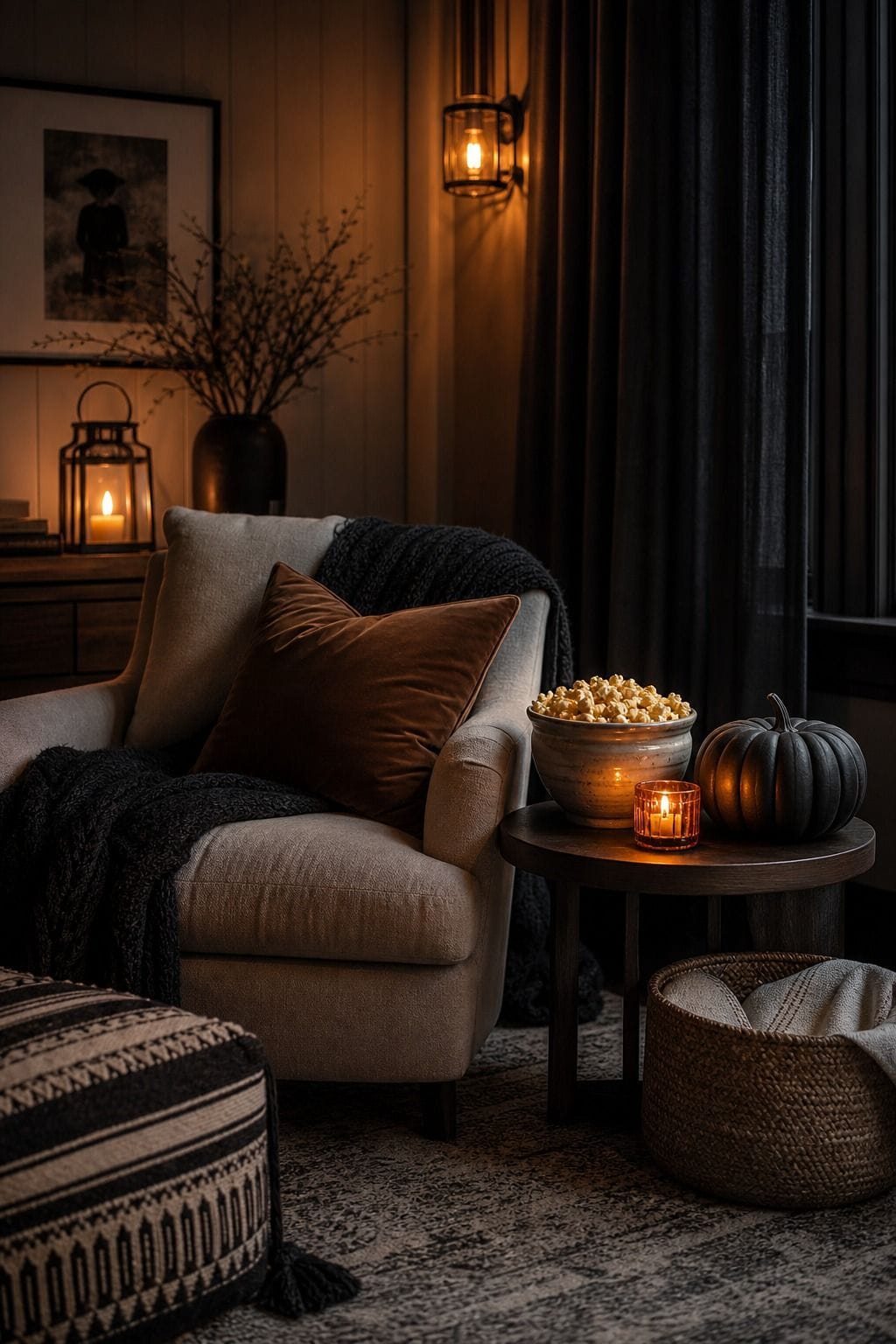 Movie Night Corner shown as a realistic Pretty Wild World image for 20 Halloween Decor Ideas for a Spooky Stylish Home.