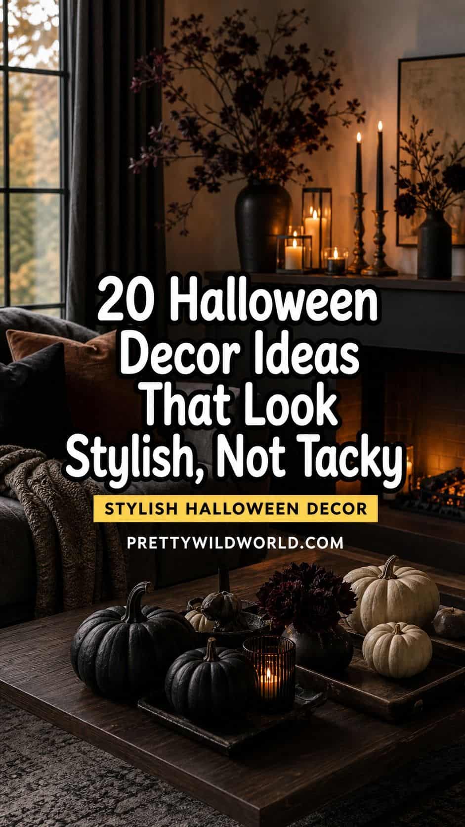 Pinterest pin for 20 Halloween Decor Ideas for a Spooky Stylish Home from Pretty Wild World.