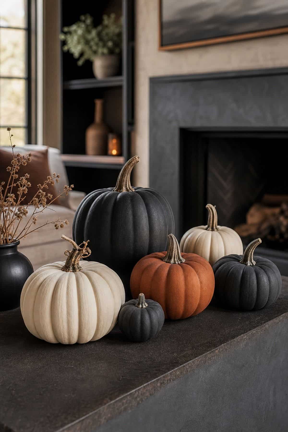 Matte Pumpkin Group shown as a realistic Pretty Wild World image for 18 Halloween Living Room Decor Ideas for a Cozy Spooky Night.