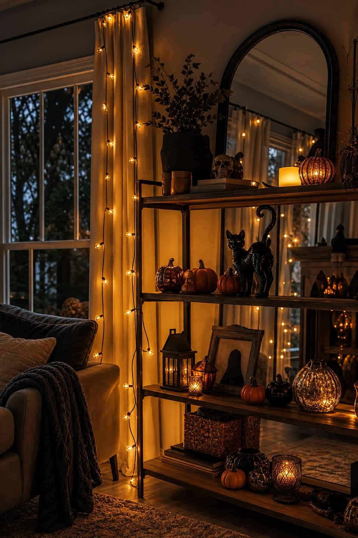 Amber String Lights shown as a realistic Pretty Wild World image for 18 Halloween Living Room Decor Ideas for a Cozy Spooky Night.