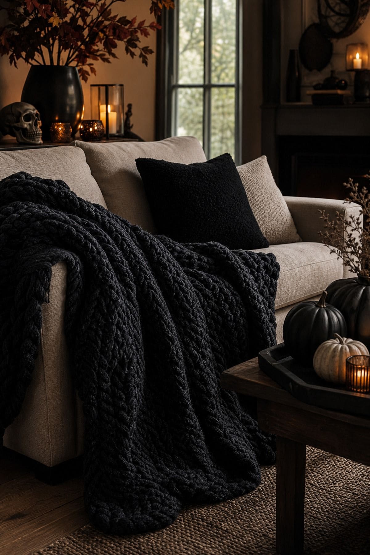 Cozy Black Throw shown as a realistic Pretty Wild World image for 18 Halloween Living Room Decor Ideas for a Cozy Spooky Night.