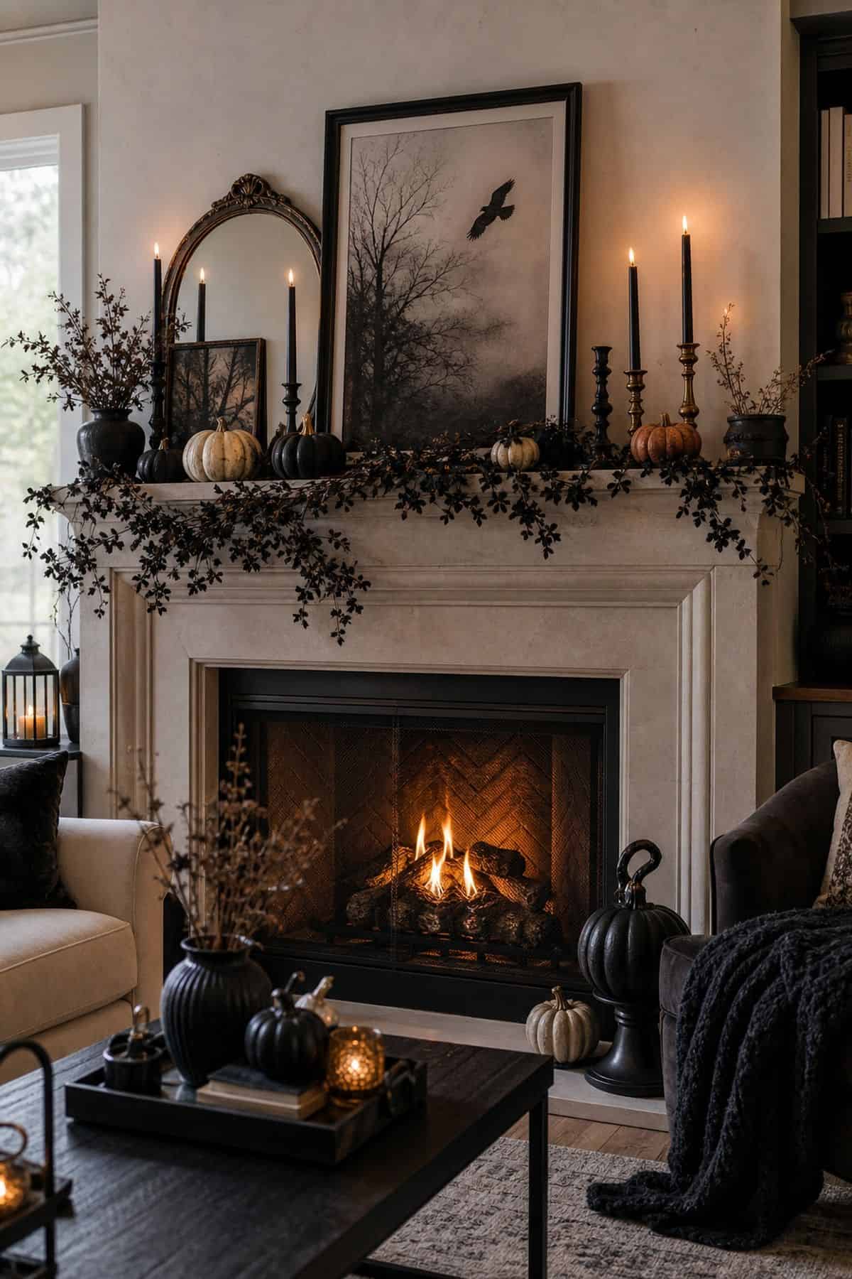 Mantel Connection shown as a realistic Pretty Wild World image for 18 Halloween Living Room Decor Ideas for a Cozy Spooky Night.