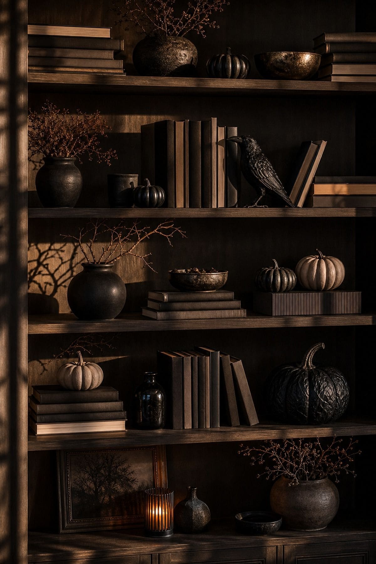 Bookshelf Shadow Layer shown as a realistic Pretty Wild World image for 18 Halloween Living Room Decor Ideas for a Cozy Spooky Night.