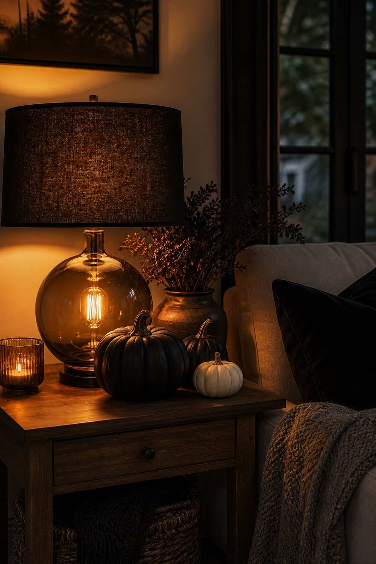 Lamp Bulb Warm-Up shown as a realistic Pretty Wild World image for 18 Halloween Living Room Decor Ideas for a Cozy Spooky Night.