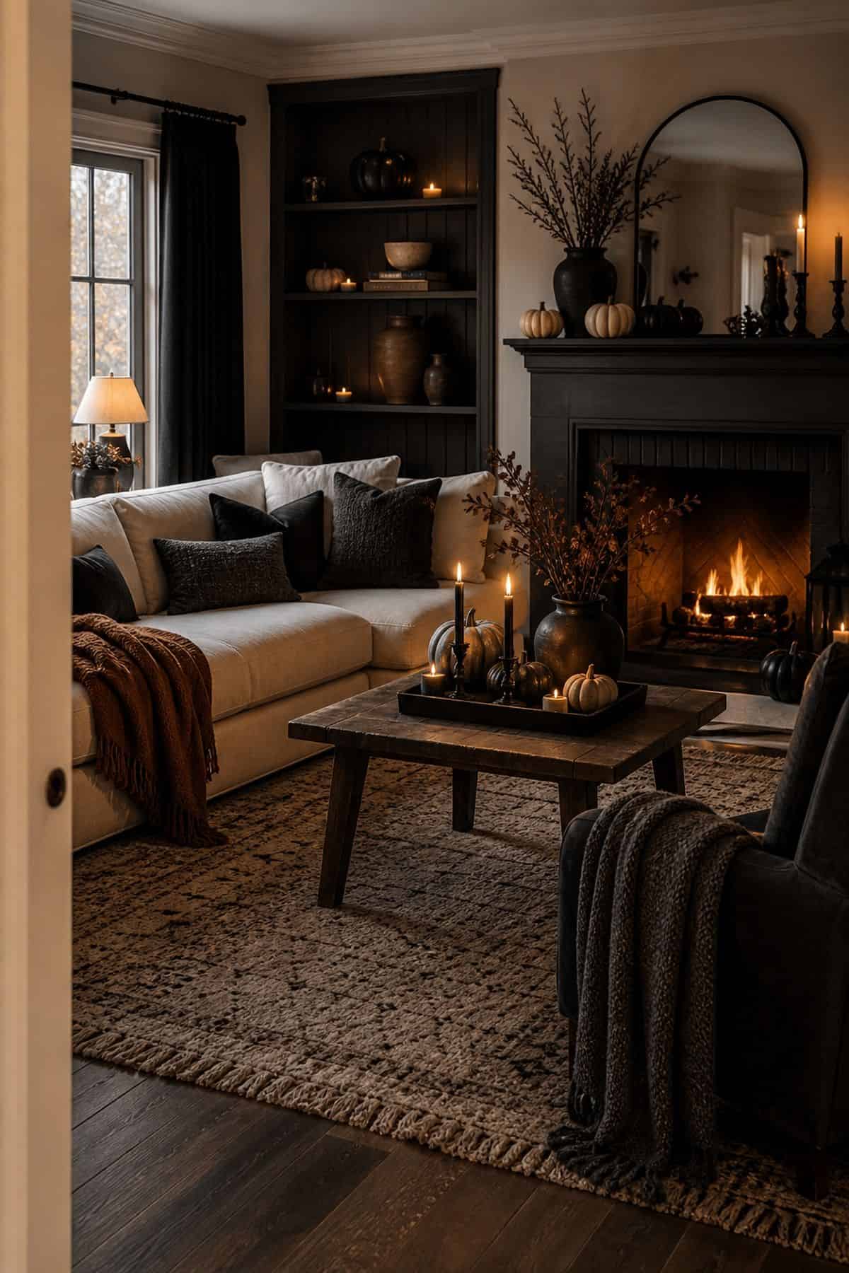 Living Room Still Comfortable shown as a realistic Pretty Wild World image for 18 Halloween Living Room Decor Ideas for a Cozy Spooky Night.