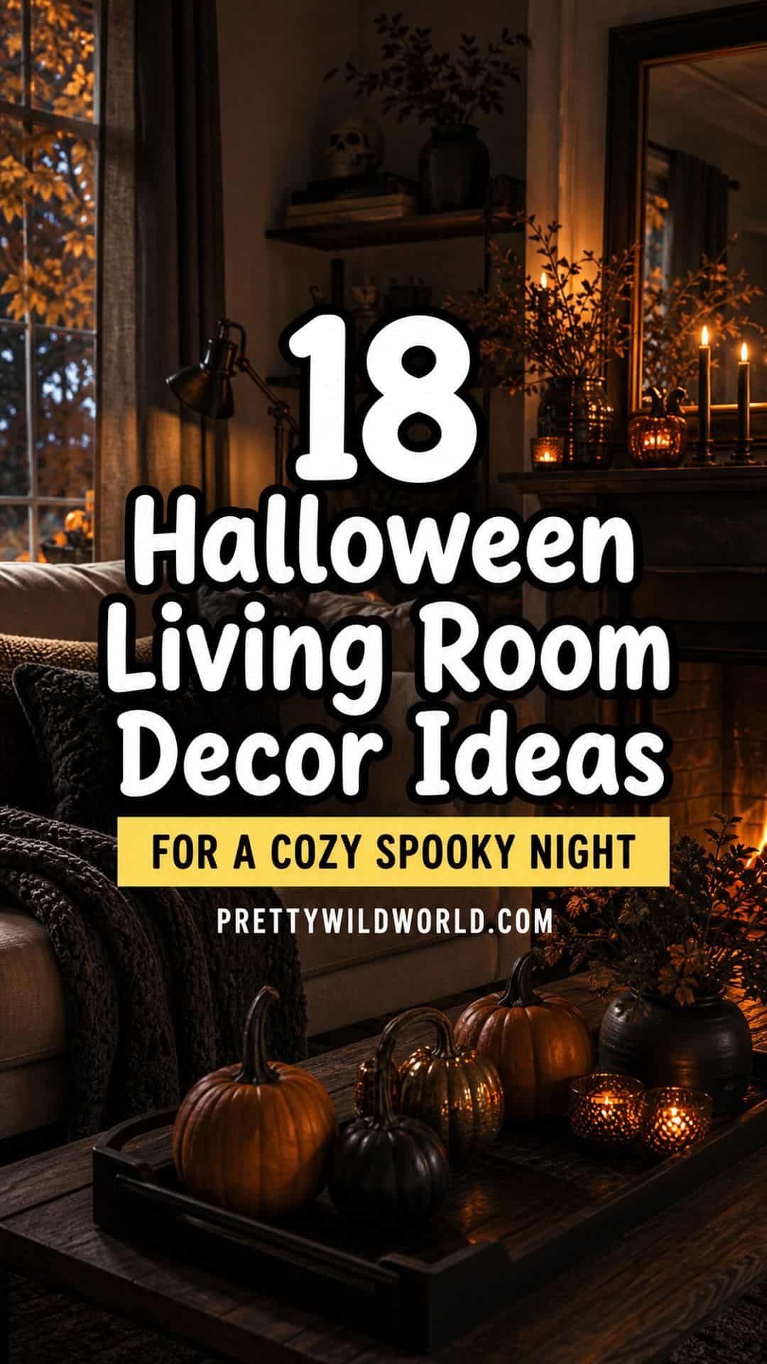Pinterest pin for 18 Halloween Living Room Decor Ideas for a Cozy Spooky Night from Pretty Wild World.