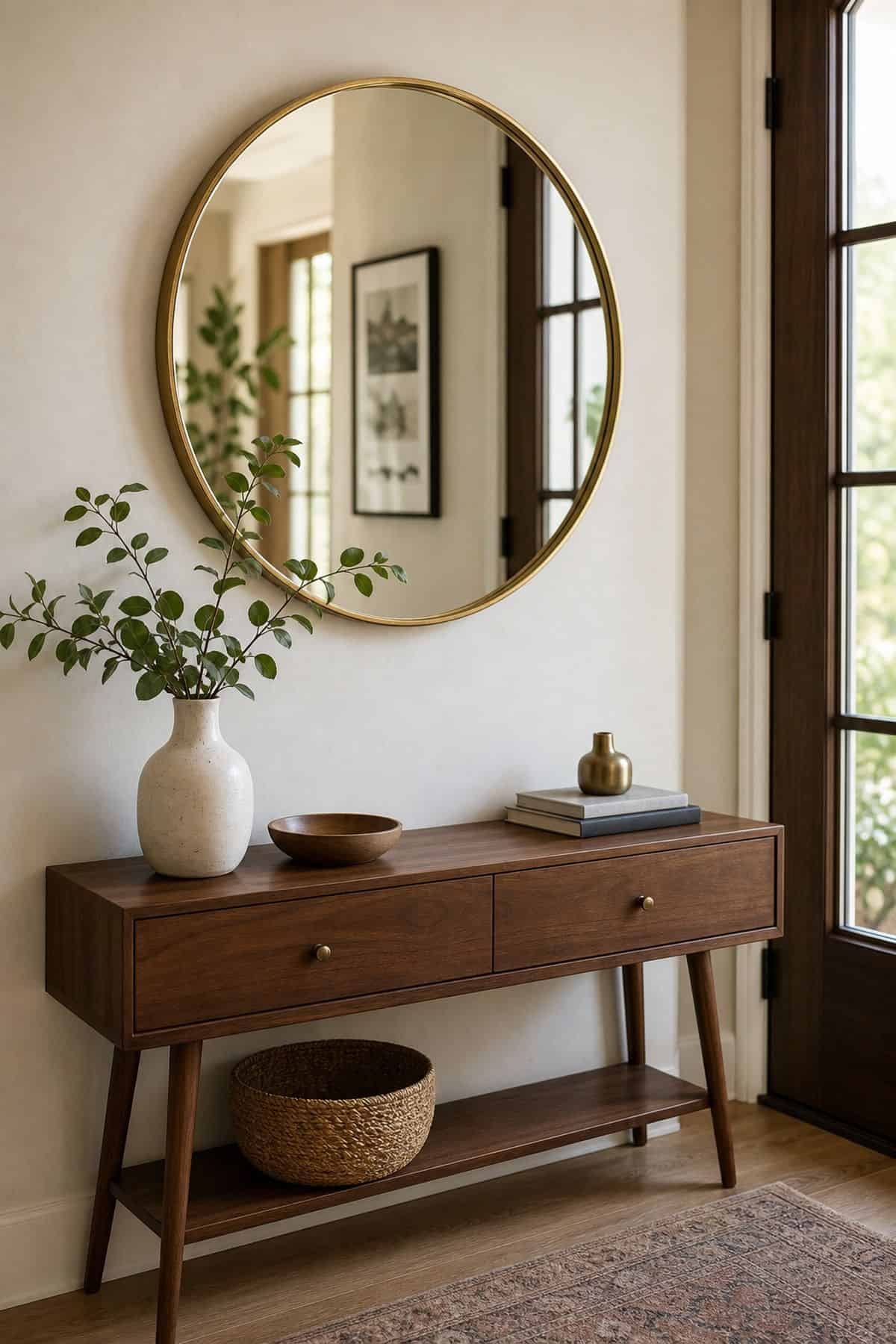 Round Brass Mirror shown as a realistic Pretty Wild World image for 16 Mid-Century Modern Entryway Ideas for a Warm Stylish Welcome.