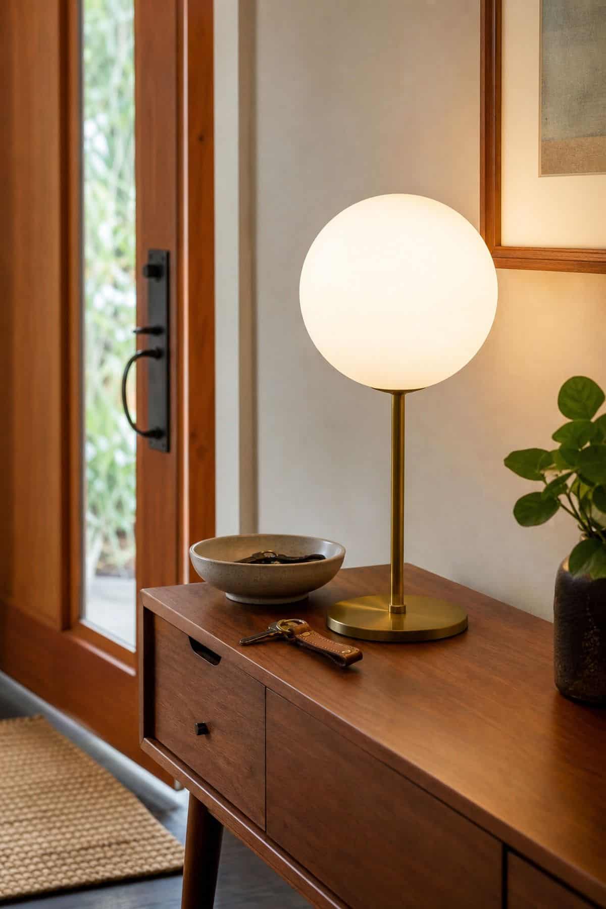 Globe Table Lamp shown as a realistic Pretty Wild World image for 16 Mid-Century Modern Entryway Ideas for a Warm Stylish Welcome.