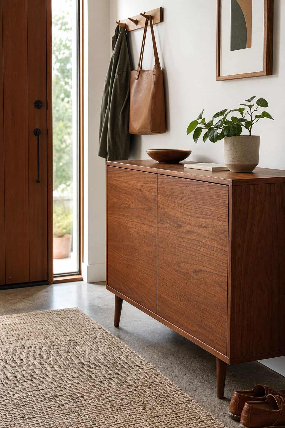 Closed Shoe Cabinet shown as a realistic Pretty Wild World image for 16 Mid-Century Modern Entryway Ideas for a Warm Stylish Welcome.