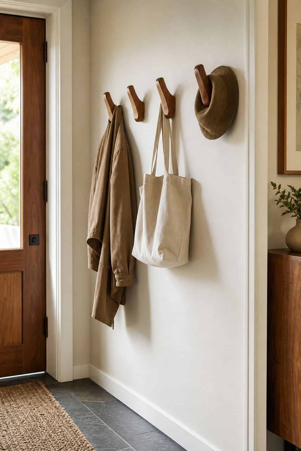 Wood Wall Hooks shown as a realistic Pretty Wild World image for 16 Mid-Century Modern Entryway Ideas for a Warm Stylish Welcome.