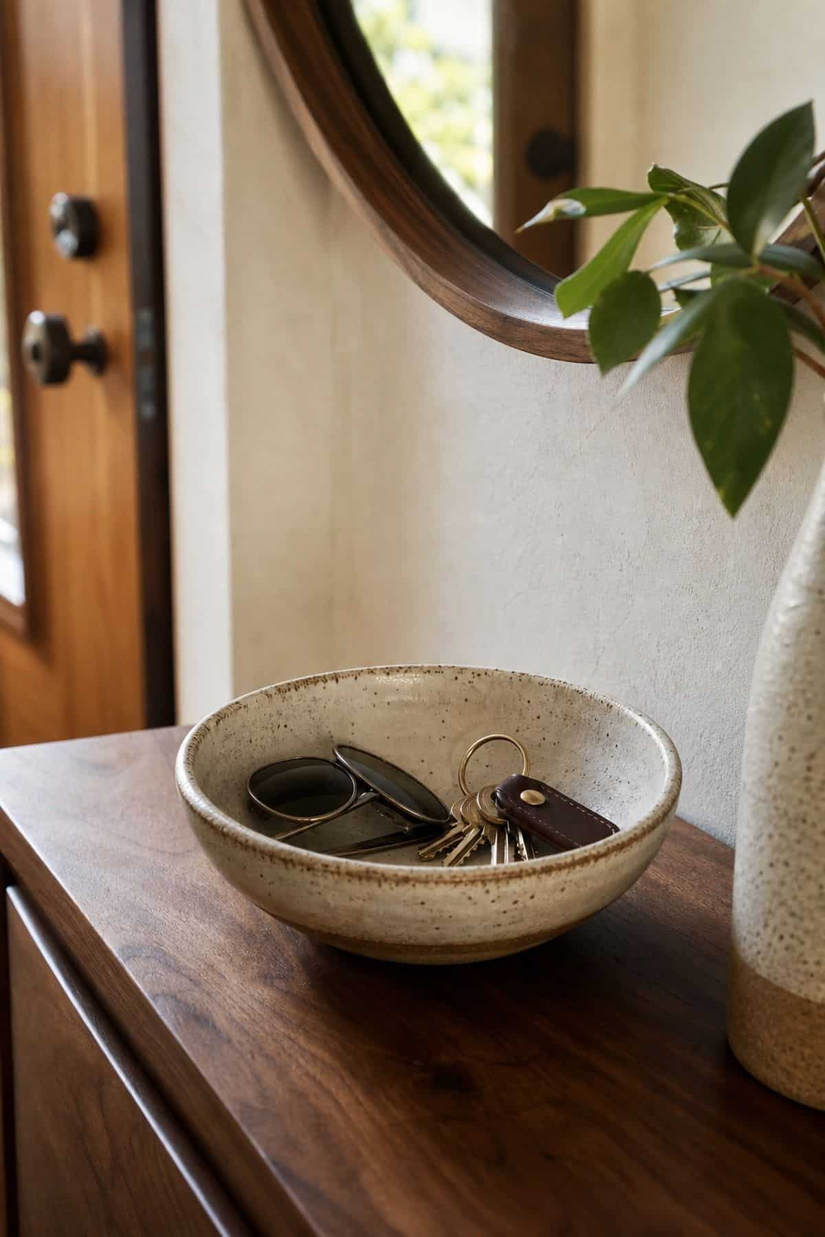 Ceramic Catchall Bowl shown as a realistic Pretty Wild World image for 16 Mid-Century Modern Entryway Ideas for a Warm Stylish Welcome.