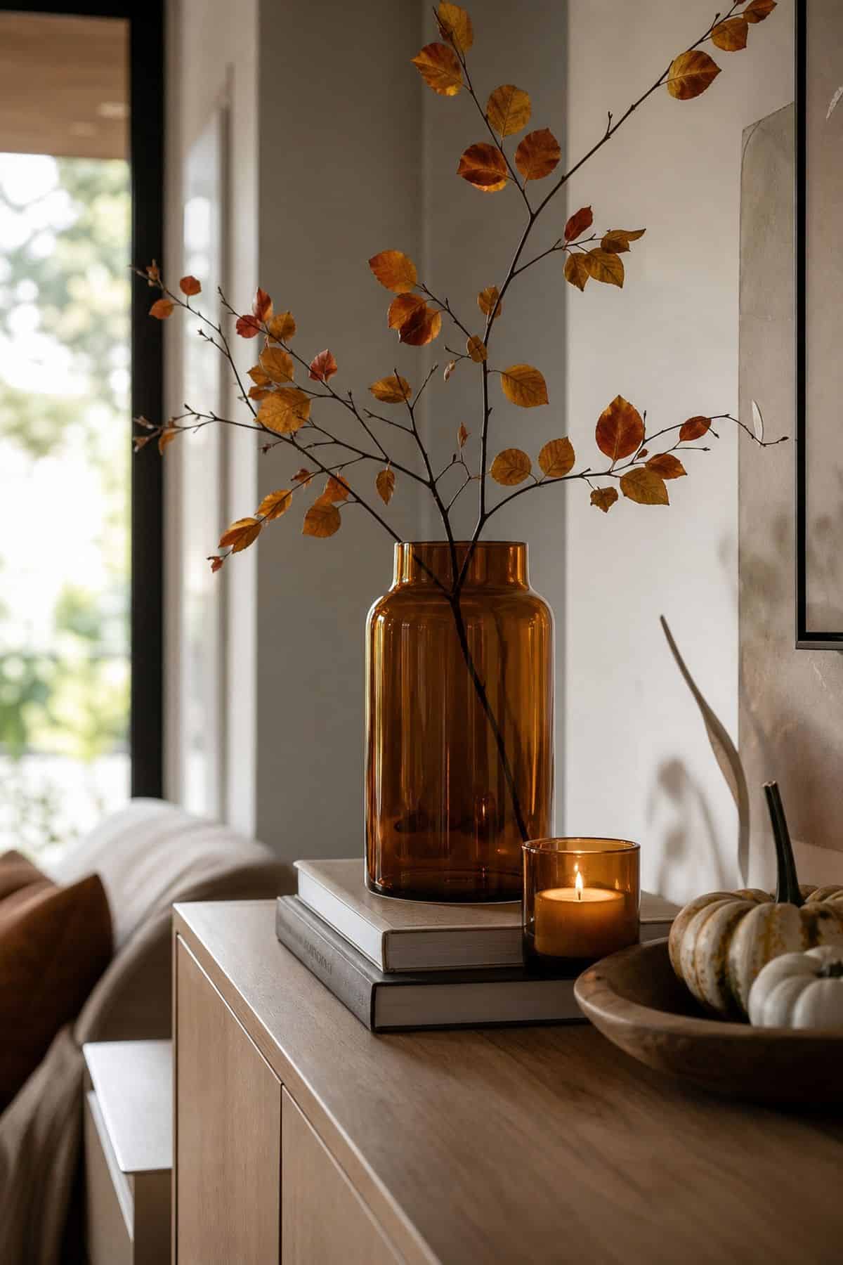 Amber Glass With Clean Lines shown as a realistic Pretty Wild World image for 17 Modern Fall Decor Ideas for a Warm Minimal Home.