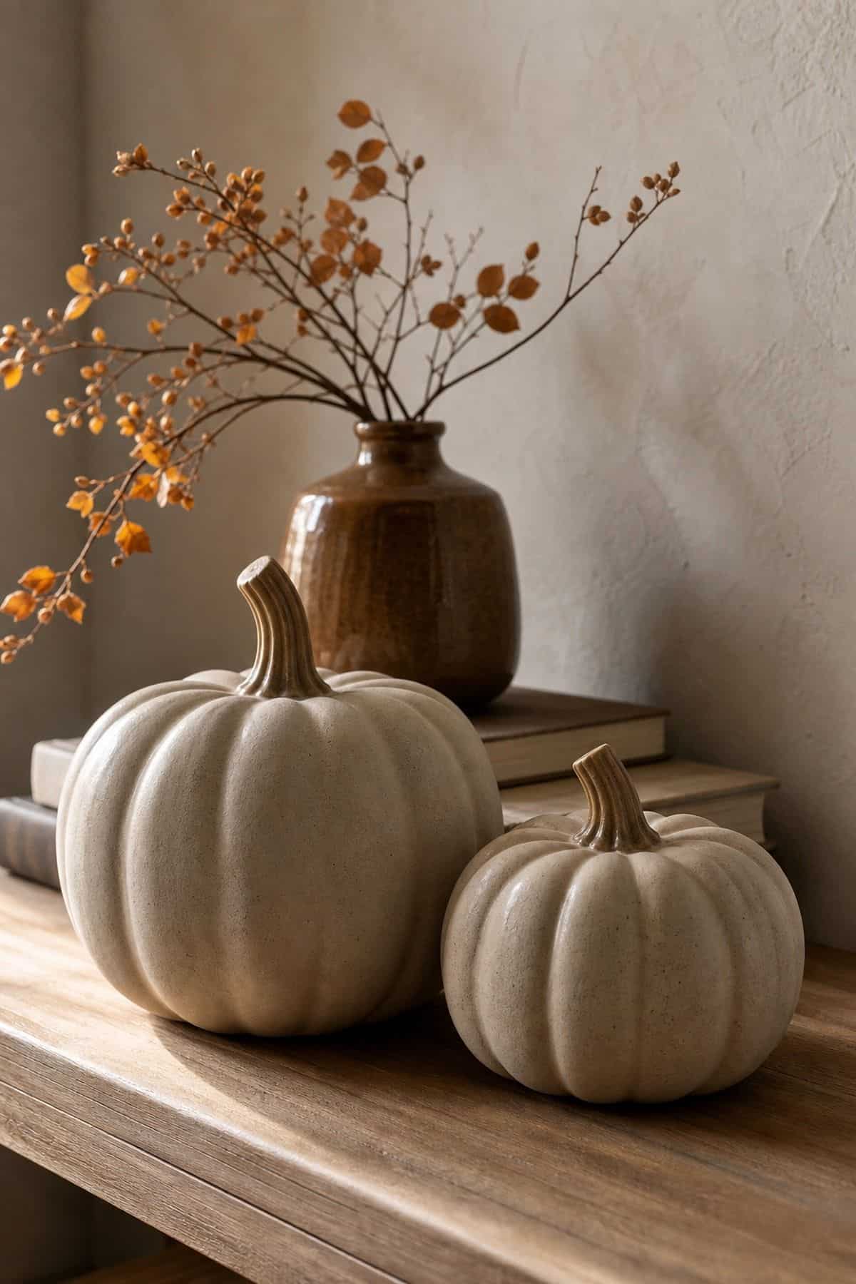 Stoneware Pumpkin Pair shown as a realistic Pretty Wild World image for 17 Modern Fall Decor Ideas for a Warm Minimal Home.