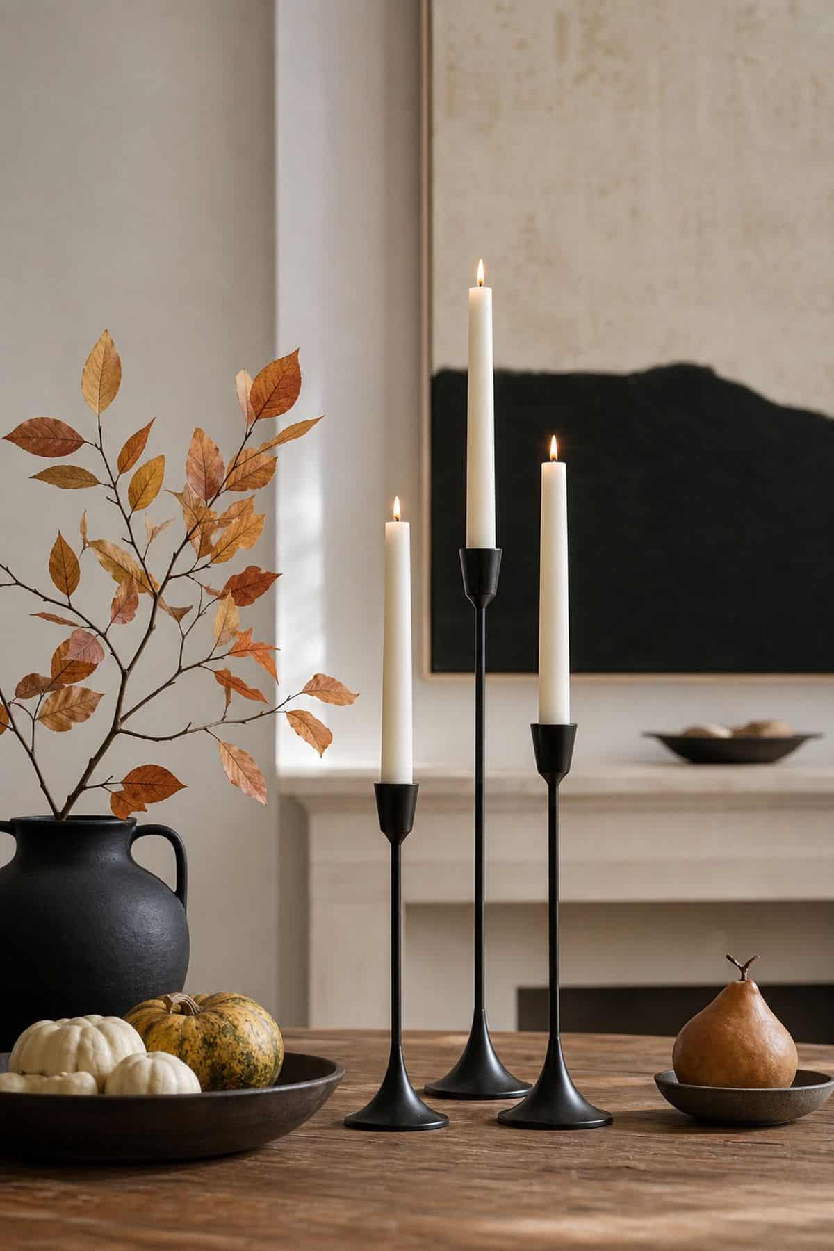 Black Taper Candle Holders shown as a realistic Pretty Wild World image for 17 Modern Fall Decor Ideas for a Warm Minimal Home.