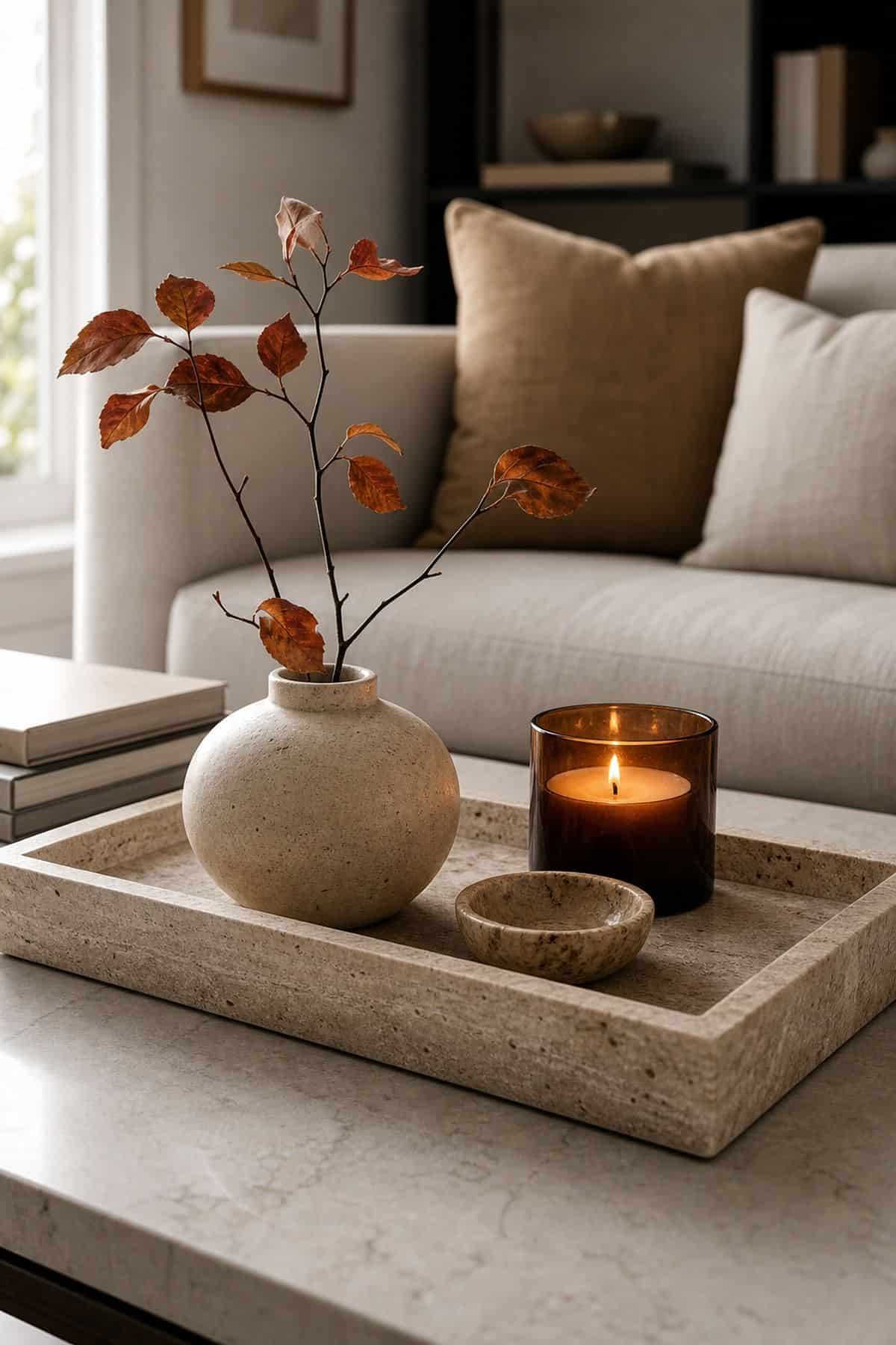 Travertine Tray on the Table shown as a realistic Pretty Wild World image for 17 Modern Fall Decor Ideas for a Warm Minimal Home.