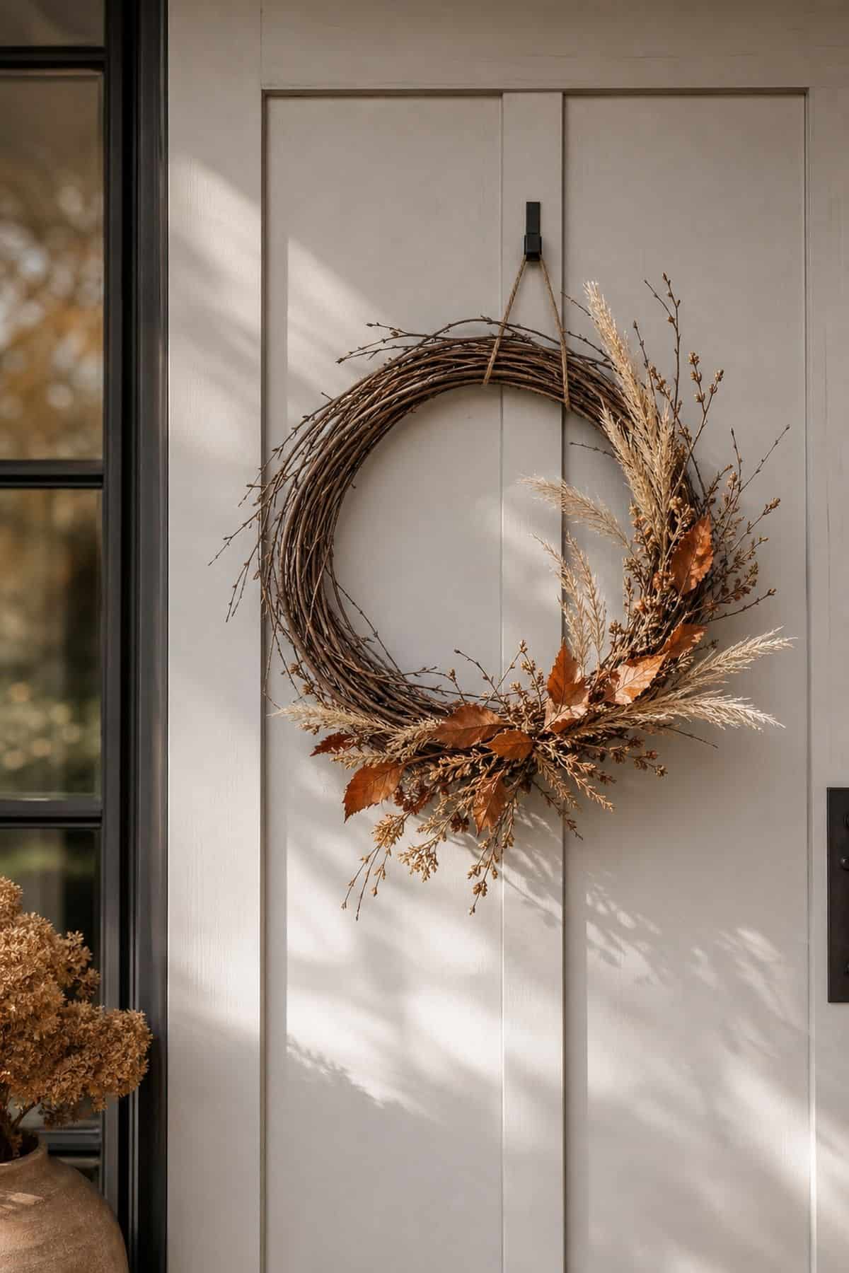 Minimal Fall Wreath shown as a realistic Pretty Wild World image for 17 Modern Fall Decor Ideas for a Warm Minimal Home.